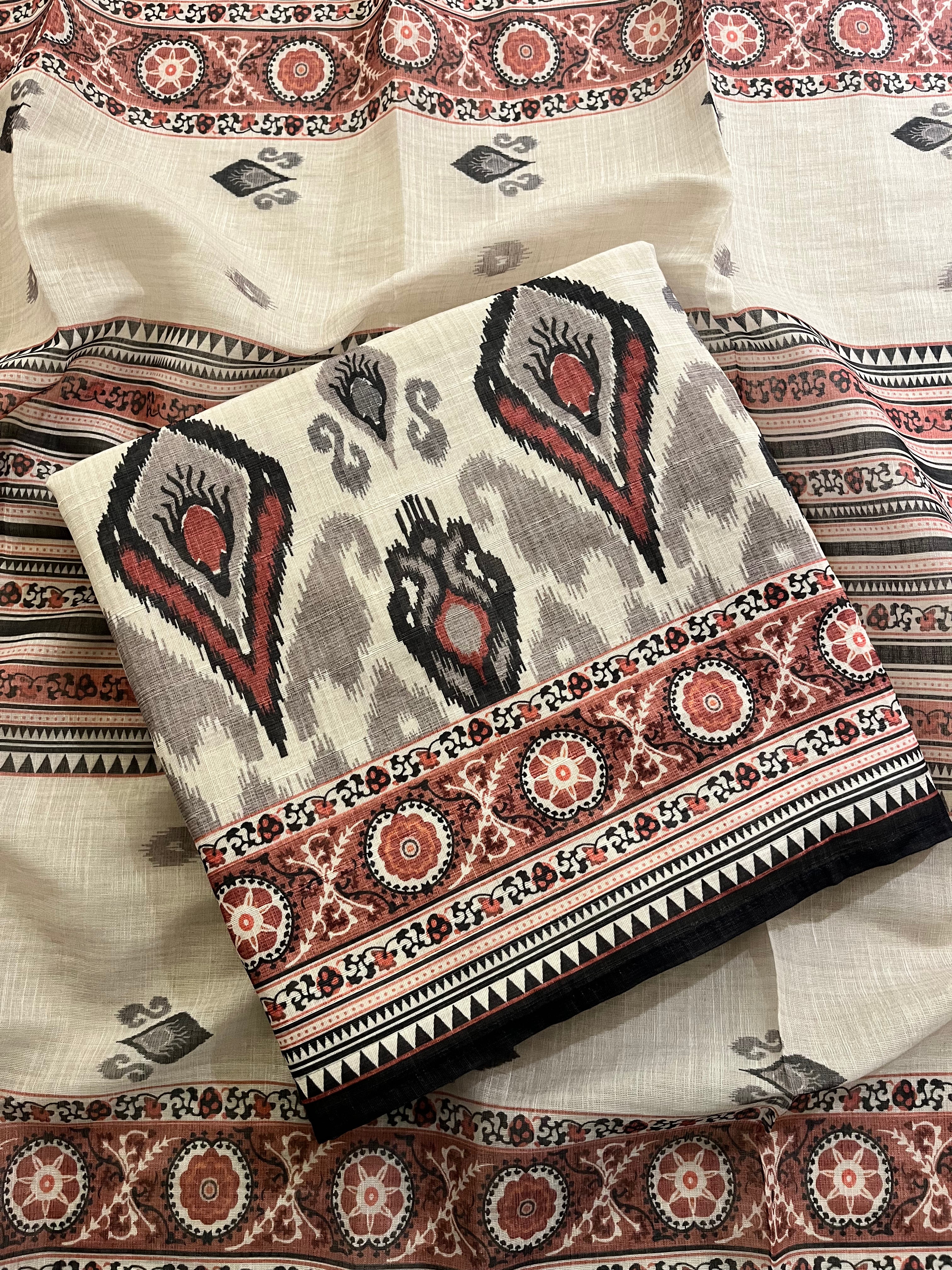 CREAM & BLACK PRINTED UNSTITCHED SUIT