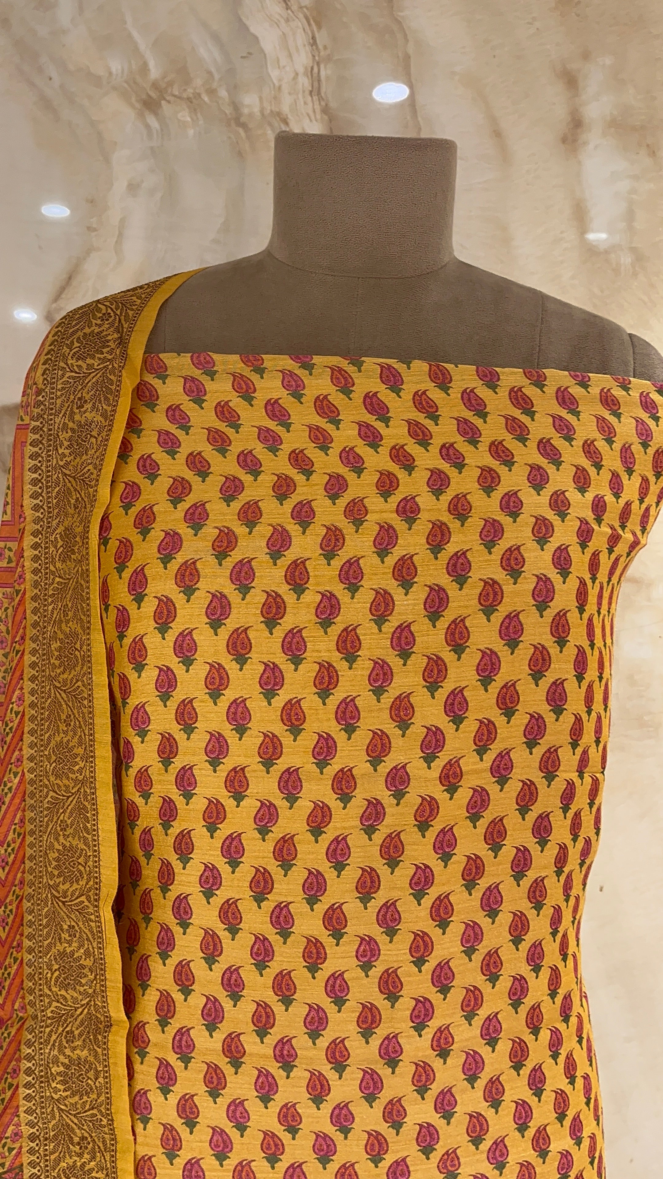 YELLOW & RED PRINTED UNSTITCHED SUIT WITH TRADITIONAL DUPATTA