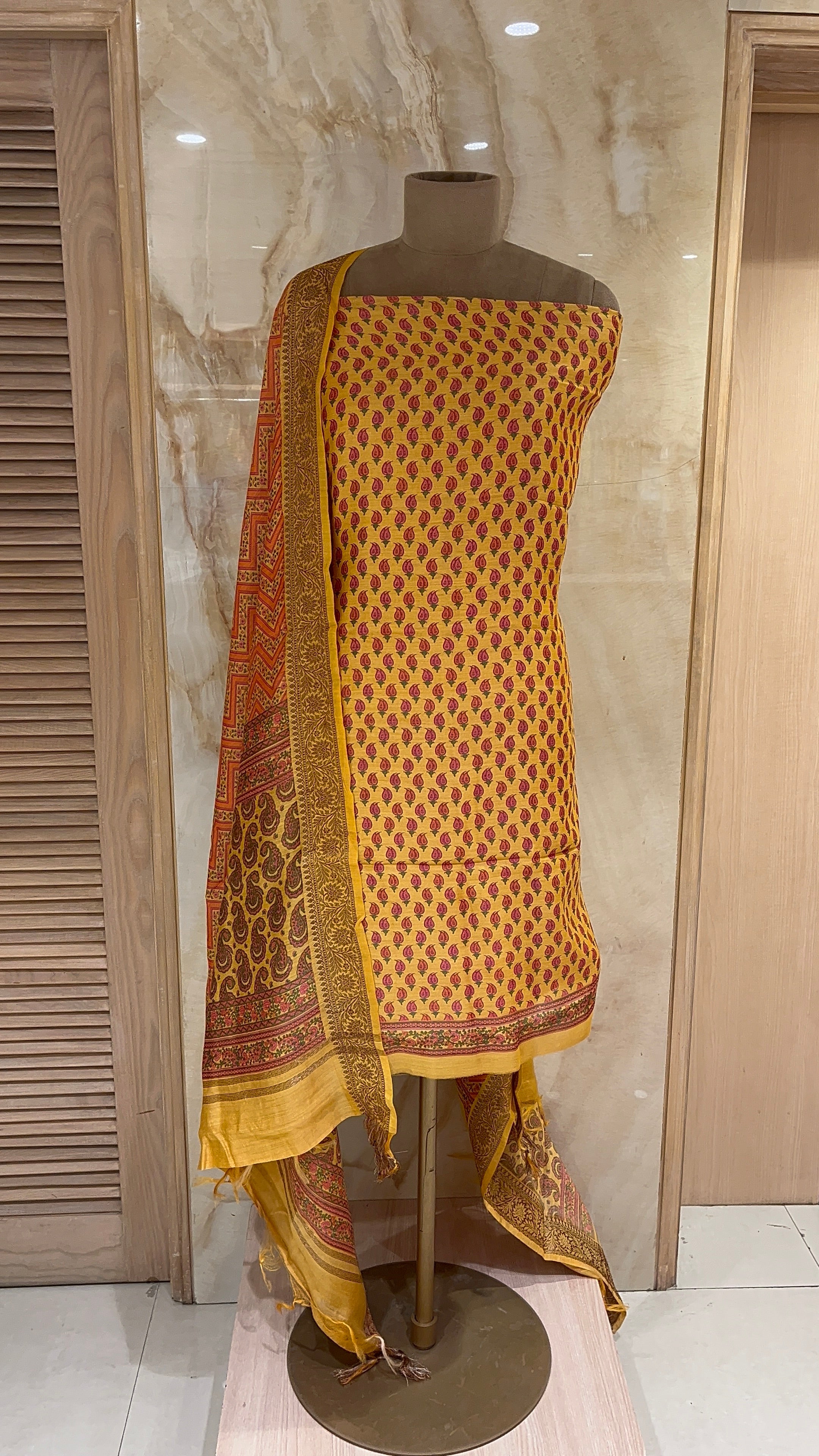YELLOW & RED PRINTED UNSTITCHED SUIT WITH TRADITIONAL DUPATTA