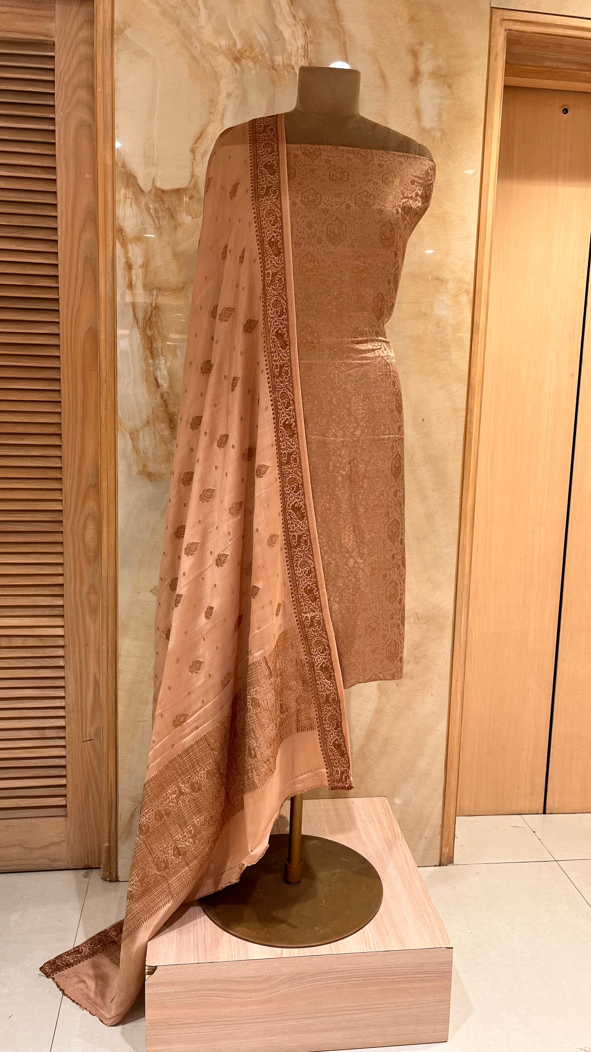 PEACH & GOLD PRINTED UNSTITCHED SUIT WITH RICH DUPATTA