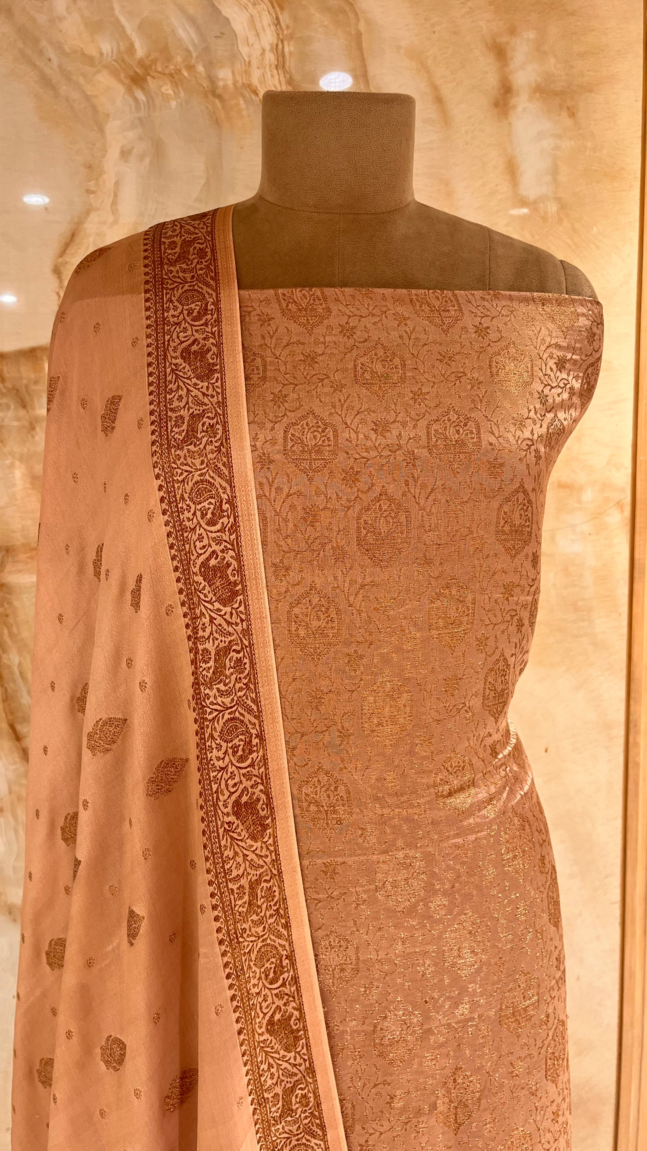 PEACH & GOLD PRINTED UNSTITCHED SUIT WITH RICH DUPATTA
