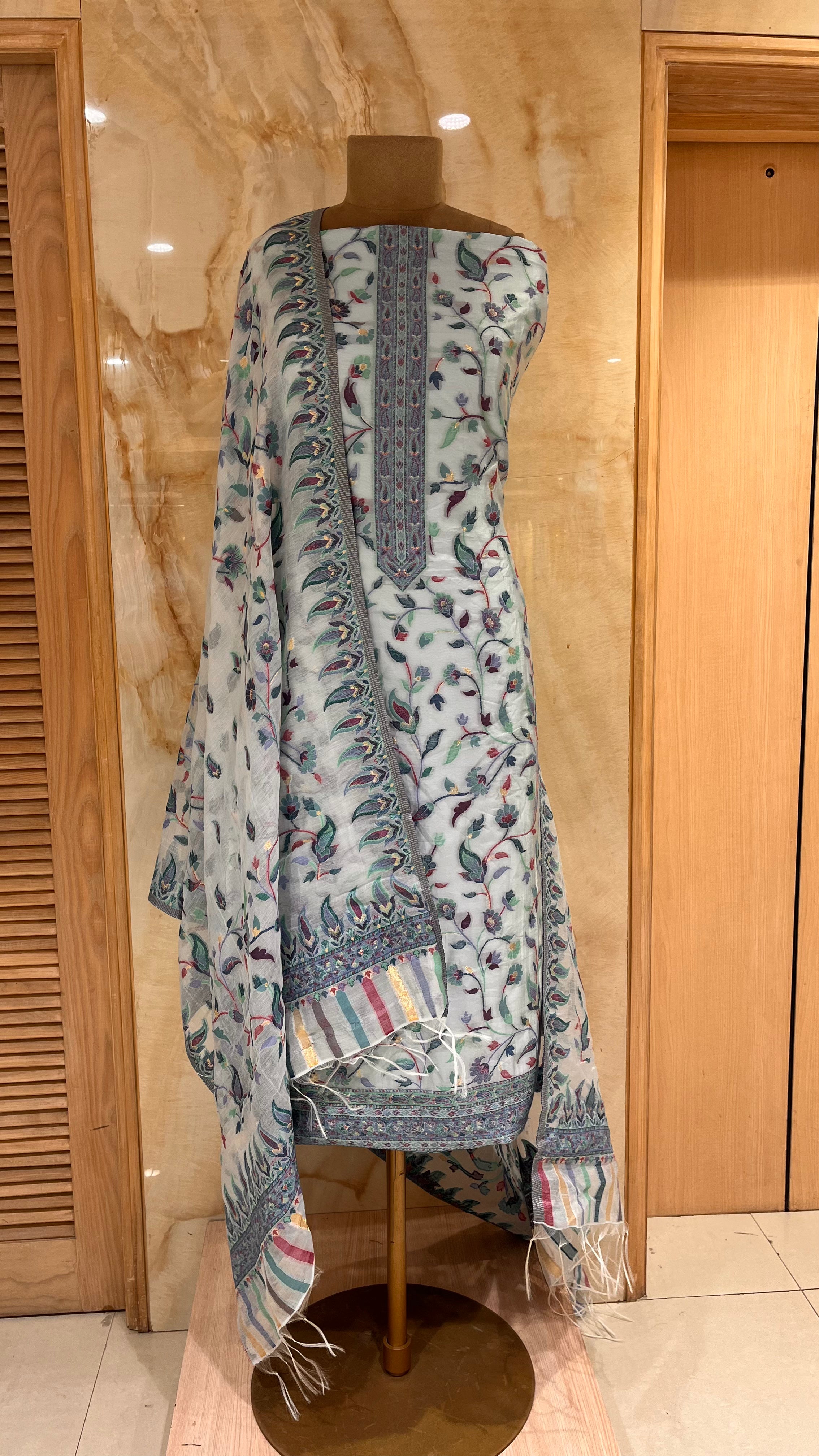 SAGE GREEN MULTICOLOR FLORAL PRINTED UNSTITCHED SUIT WITH DESIGNER DUPATTA