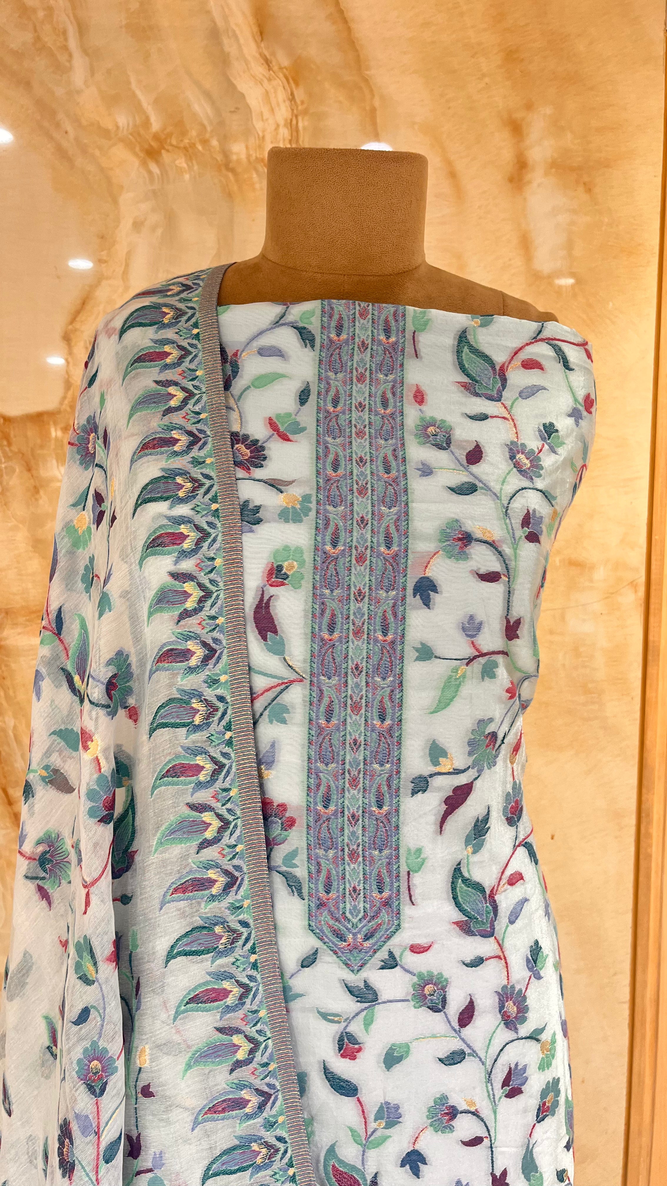 SAGE GREEN MULTICOLOR FLORAL PRINTED UNSTITCHED SUIT WITH DESIGNER DUPATTA