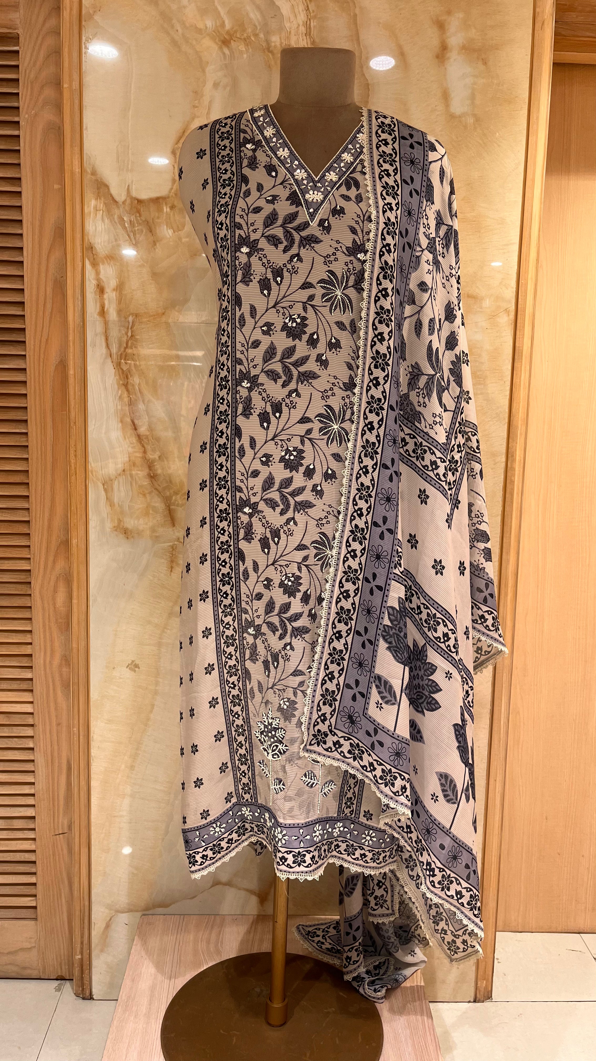 BEIGE & BLACK FLORAL PRINTED UNSTITCHED SUIT WITH ELEGANT DUPATTA