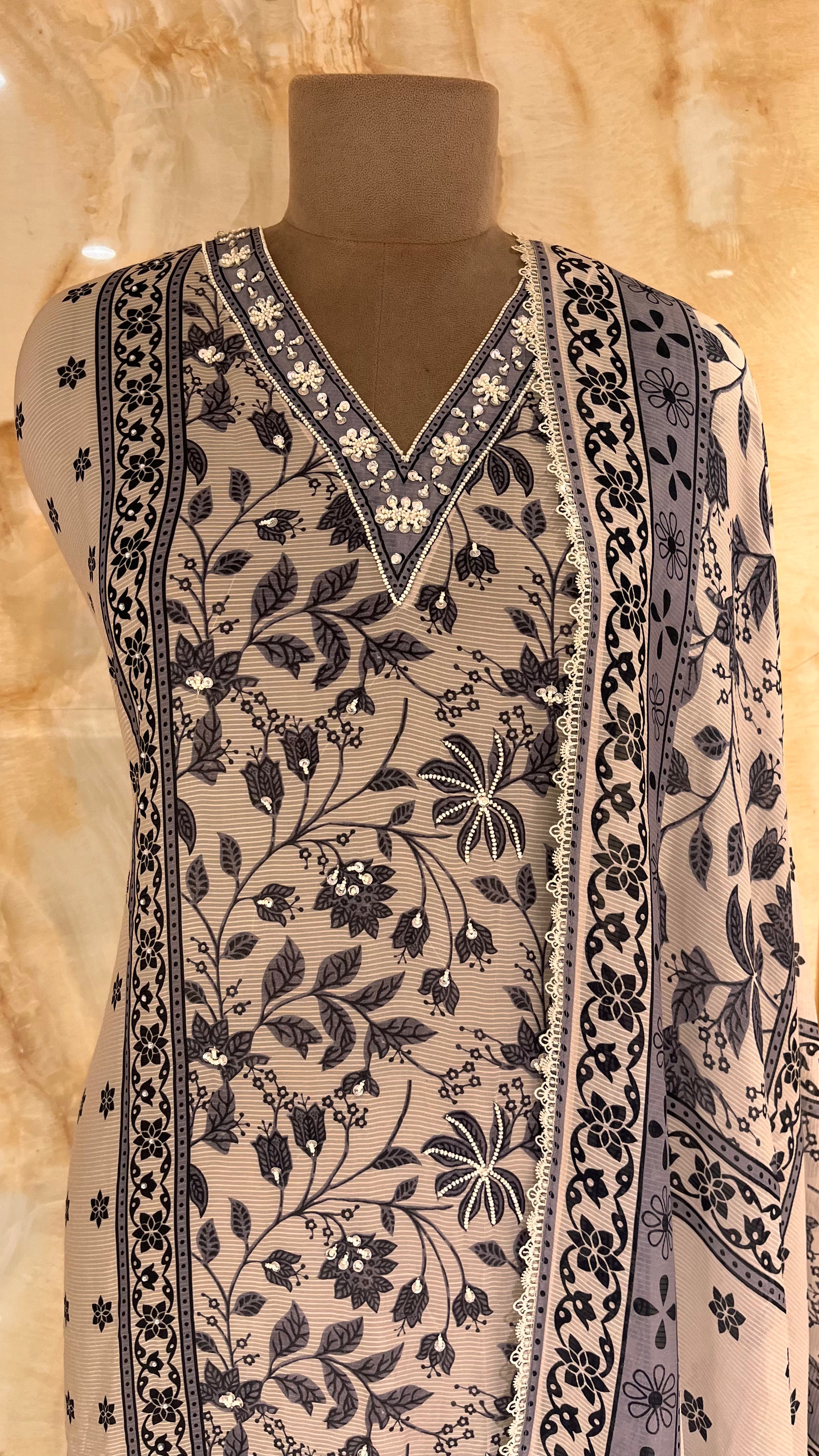 BEIGE & BLACK FLORAL PRINTED UNSTITCHED SUIT WITH ELEGANT DUPATTA