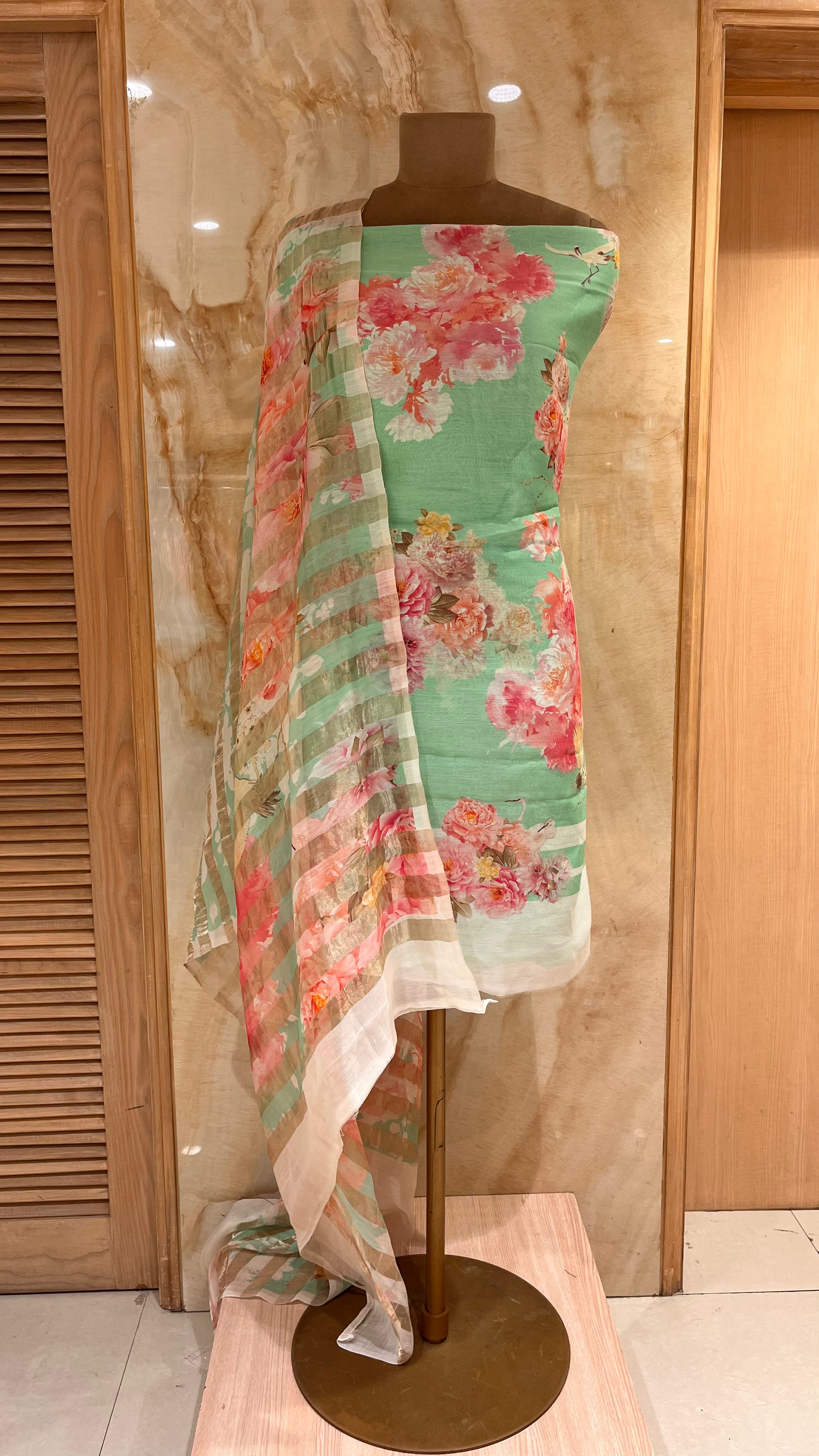 MINT GREEN FLORAL PRINTED UNSTITCHED SUIT WITH SOFT DUPATTA