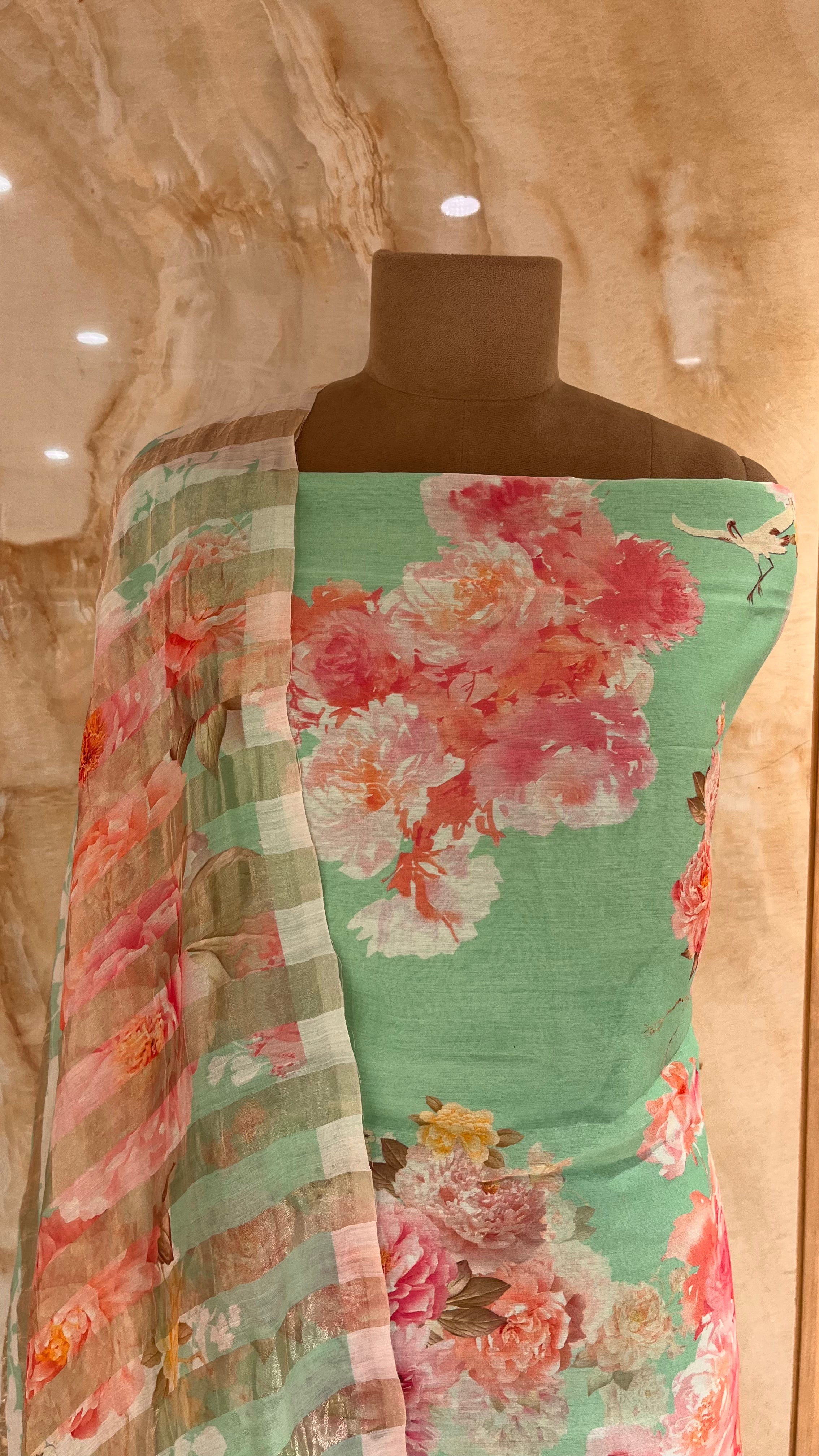 MINT GREEN FLORAL PRINTED UNSTITCHED SUIT WITH SOFT DUPATTA