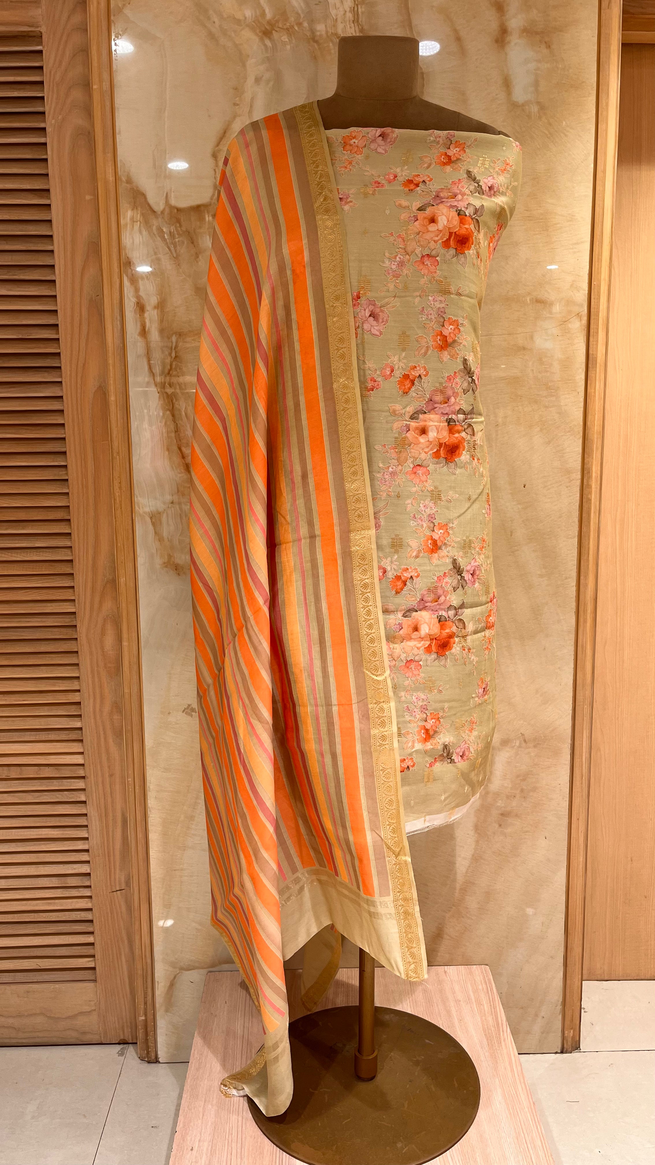 BEIGE & ORANGE FLORAL PRINTED UNSTITCHED SUIT WITH STRIPED DUPATTA