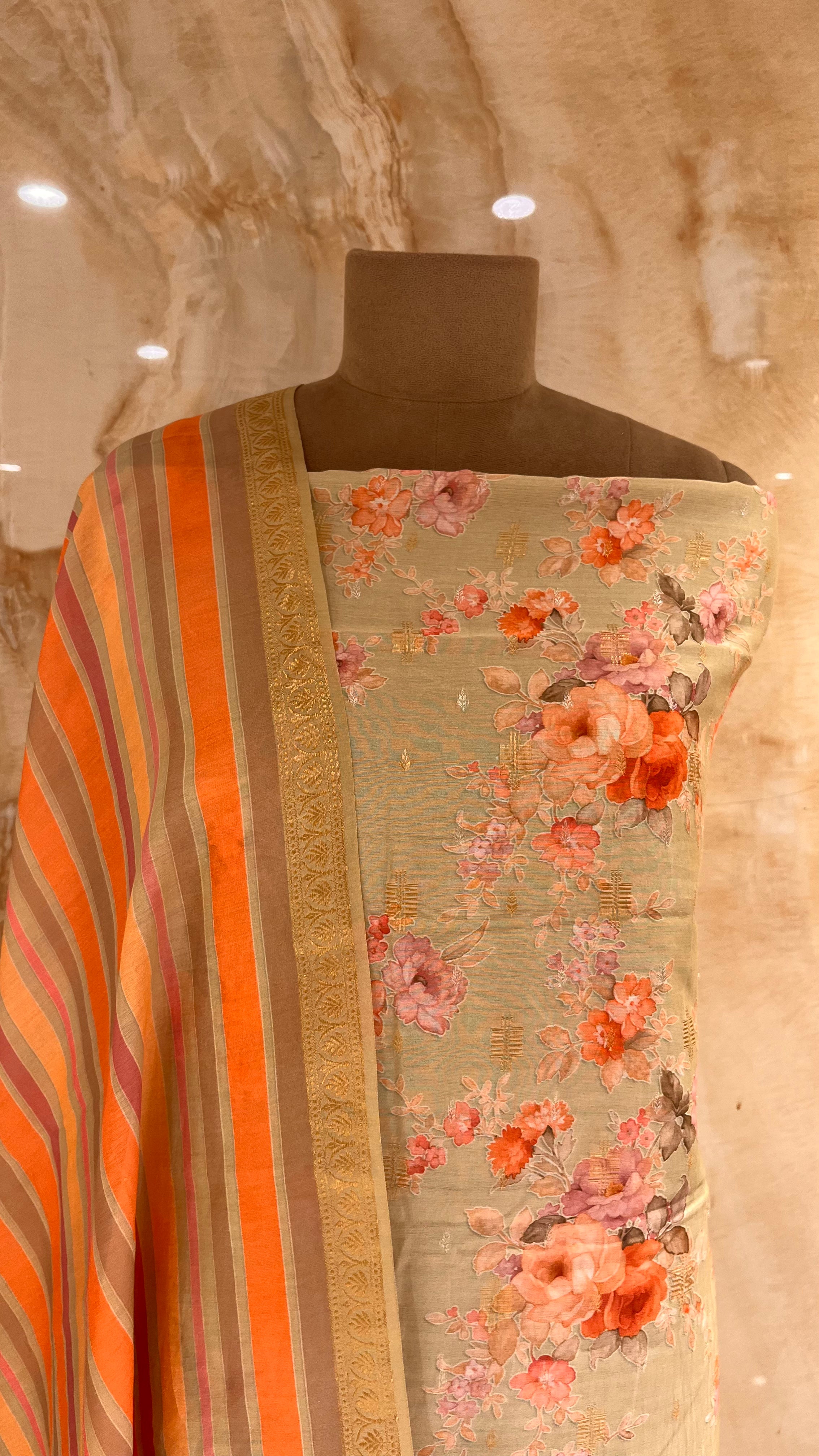 BEIGE & ORANGE FLORAL PRINTED UNSTITCHED SUIT WITH STRIPED DUPATTA