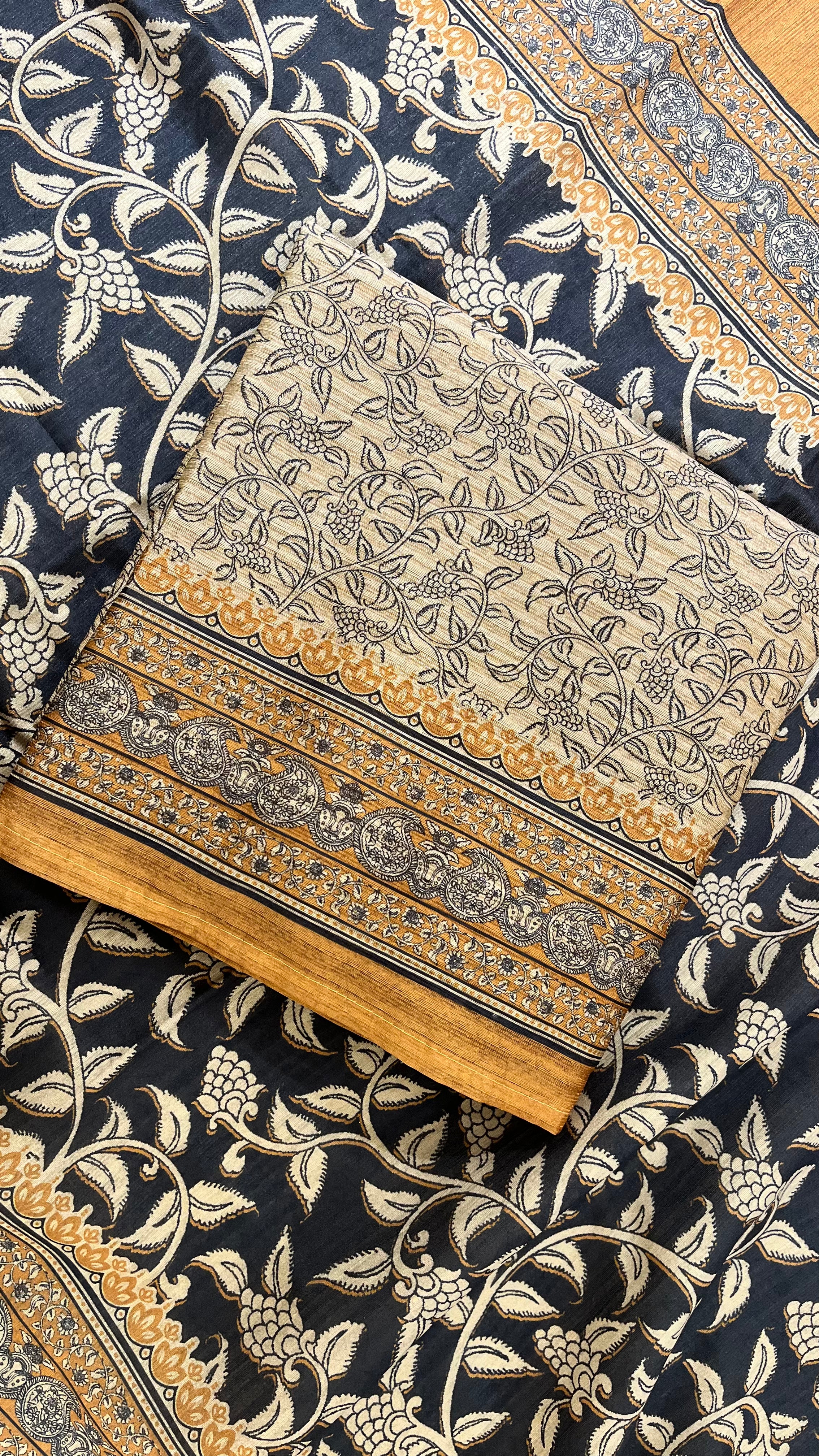 MUSTARD & BLACK PRINTED UNSTITCHED SUIT