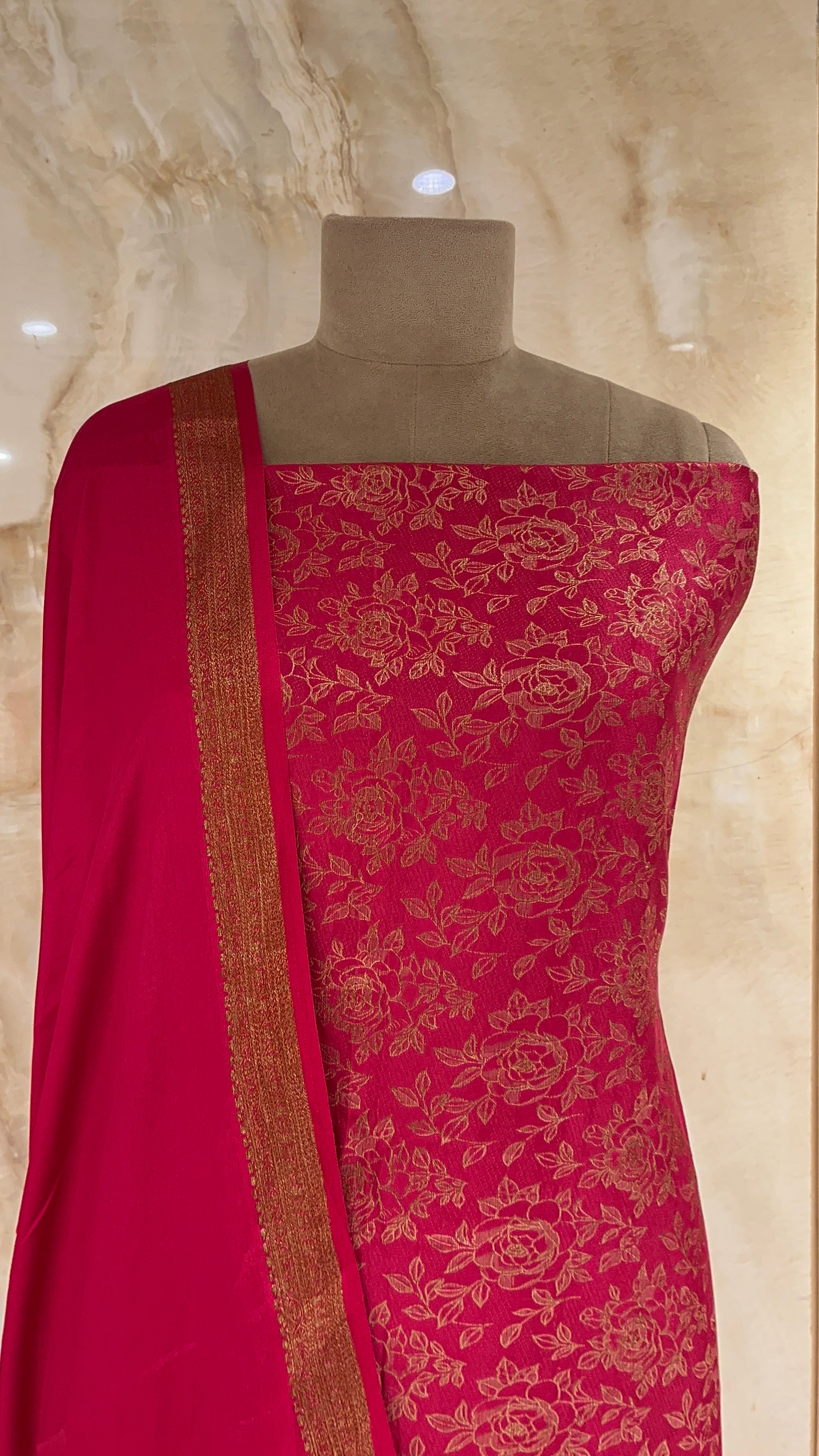 RED & GOLD FLORAL PRINTED UNSTITCHED SUIT WITH RICH DUPATTA