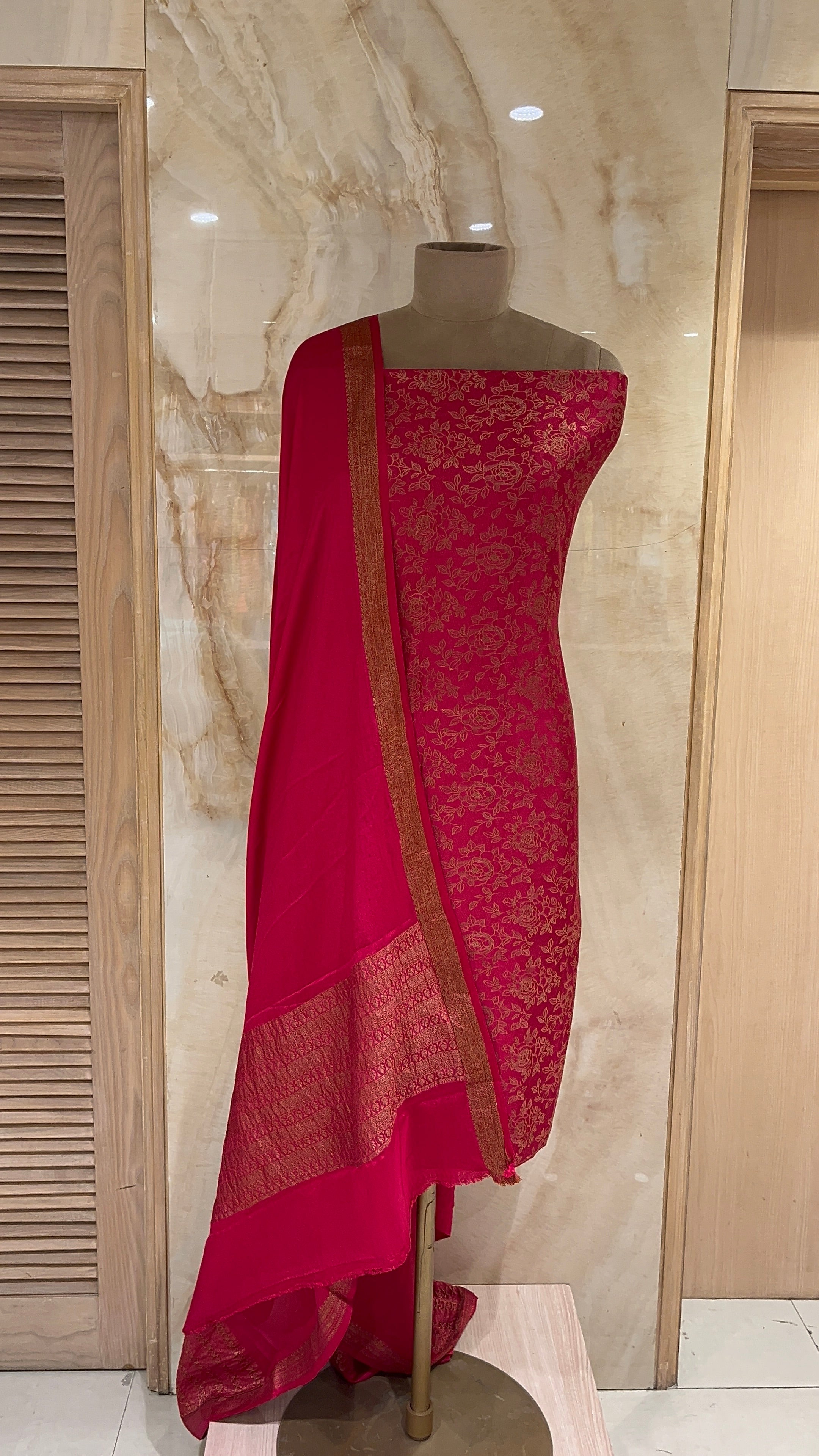 RED & GOLD FLORAL PRINTED UNSTITCHED SUIT WITH RICH DUPATTA