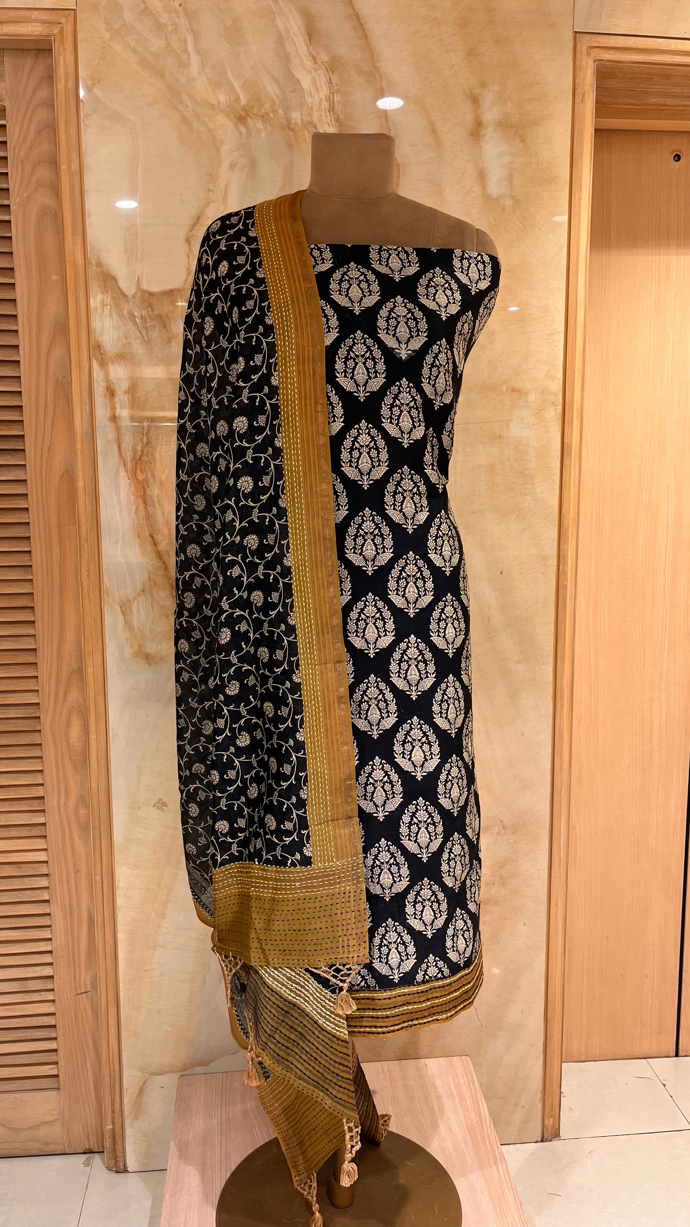 BLACK & GOLD PRINTED UNSTITCHED SUIT WITH ELEGANT DUPATTA