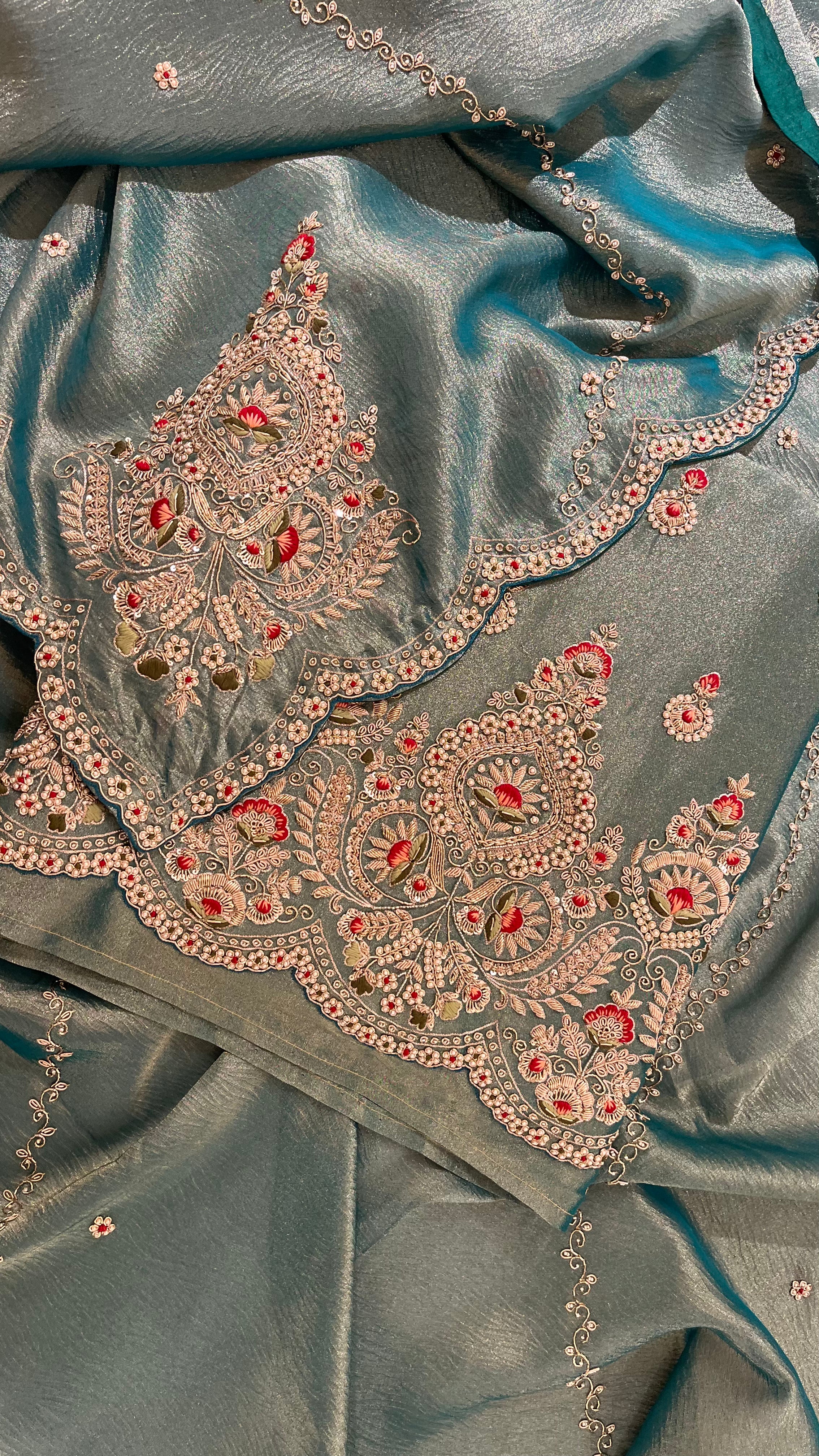 TEAL BLUE EMBROIDERED UNSTITCHED SUIT