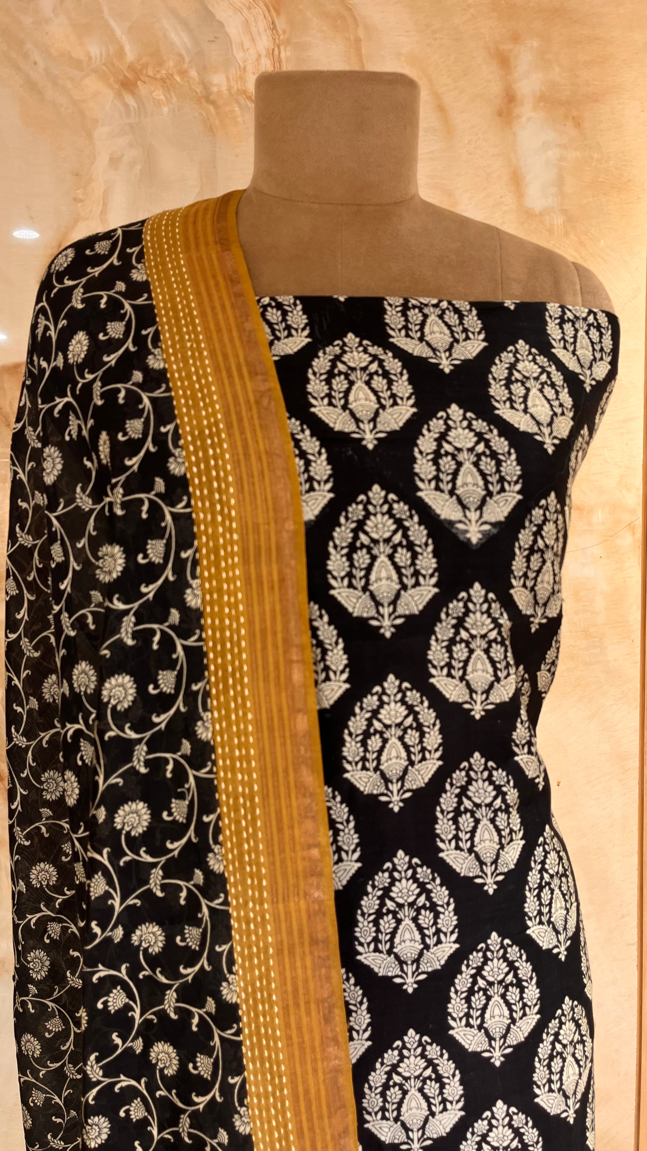 BLACK & GOLD PRINTED UNSTITCHED SUIT WITH ELEGANT DUPATTA