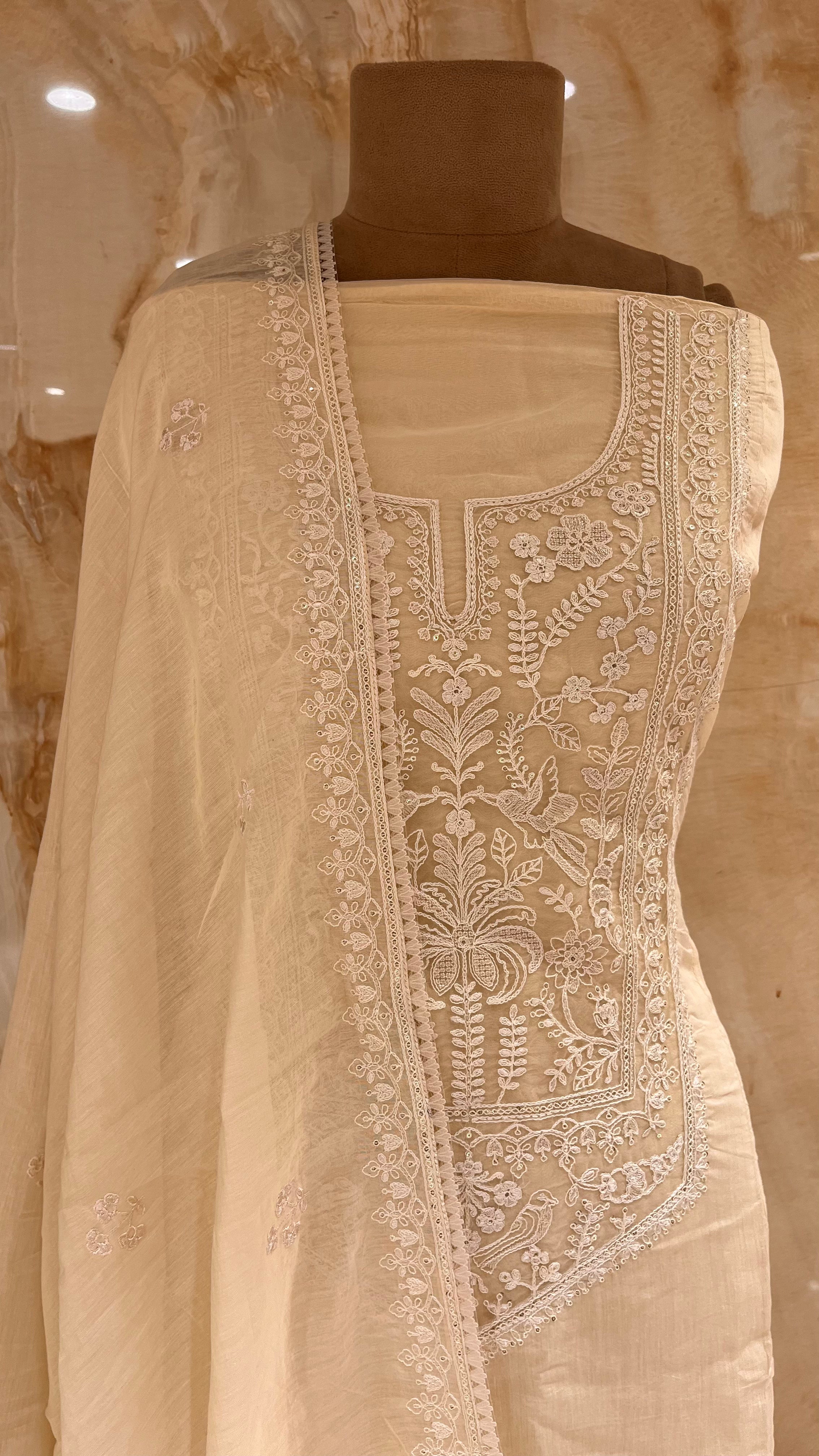 ELEGANT CREAM EMBROIDERED UNSTITCHED SUIT SET
