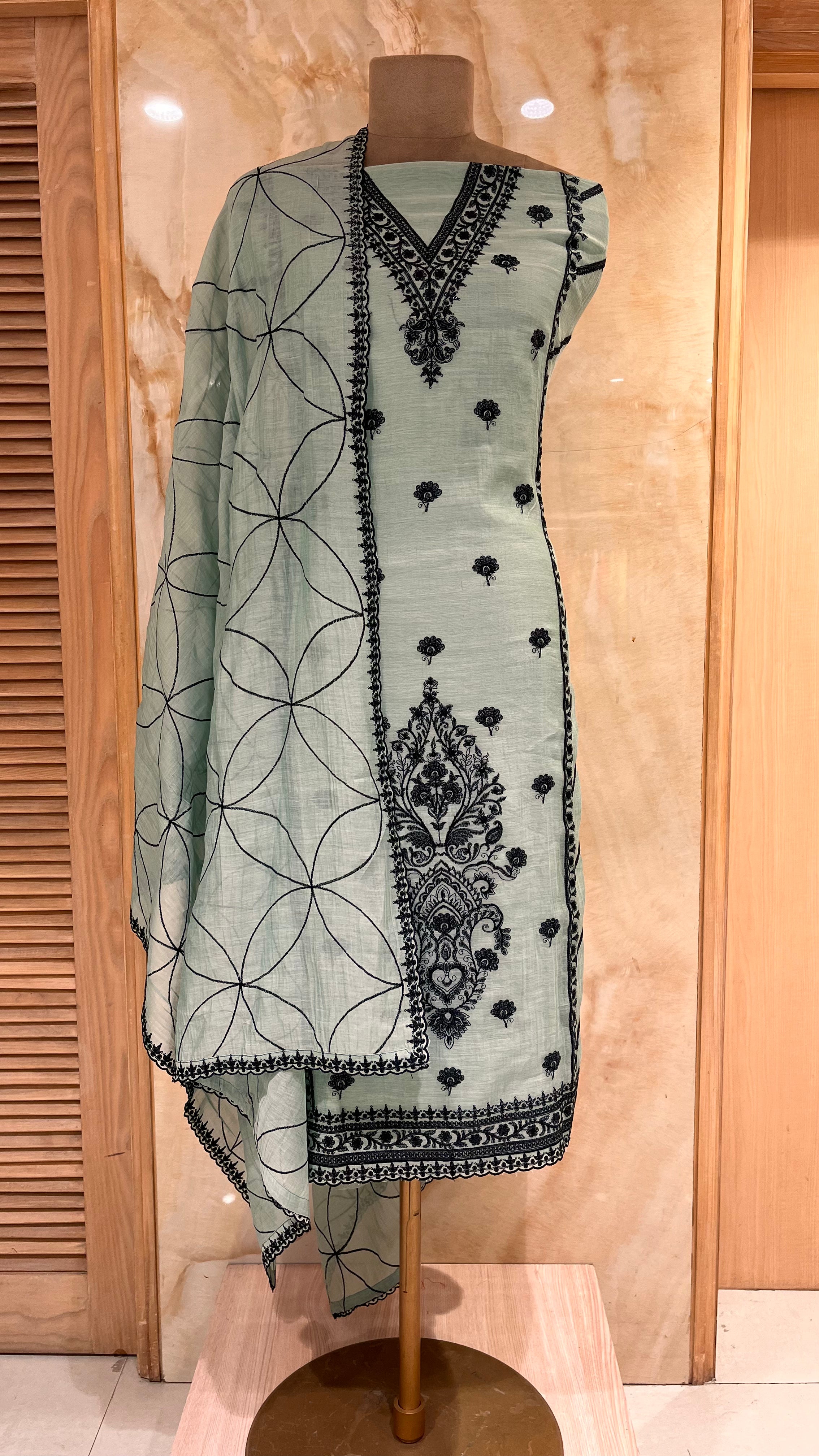ELEGANT MINT GREEN & BLACK EMBROIDERED UNSTITCHED SUIT SET