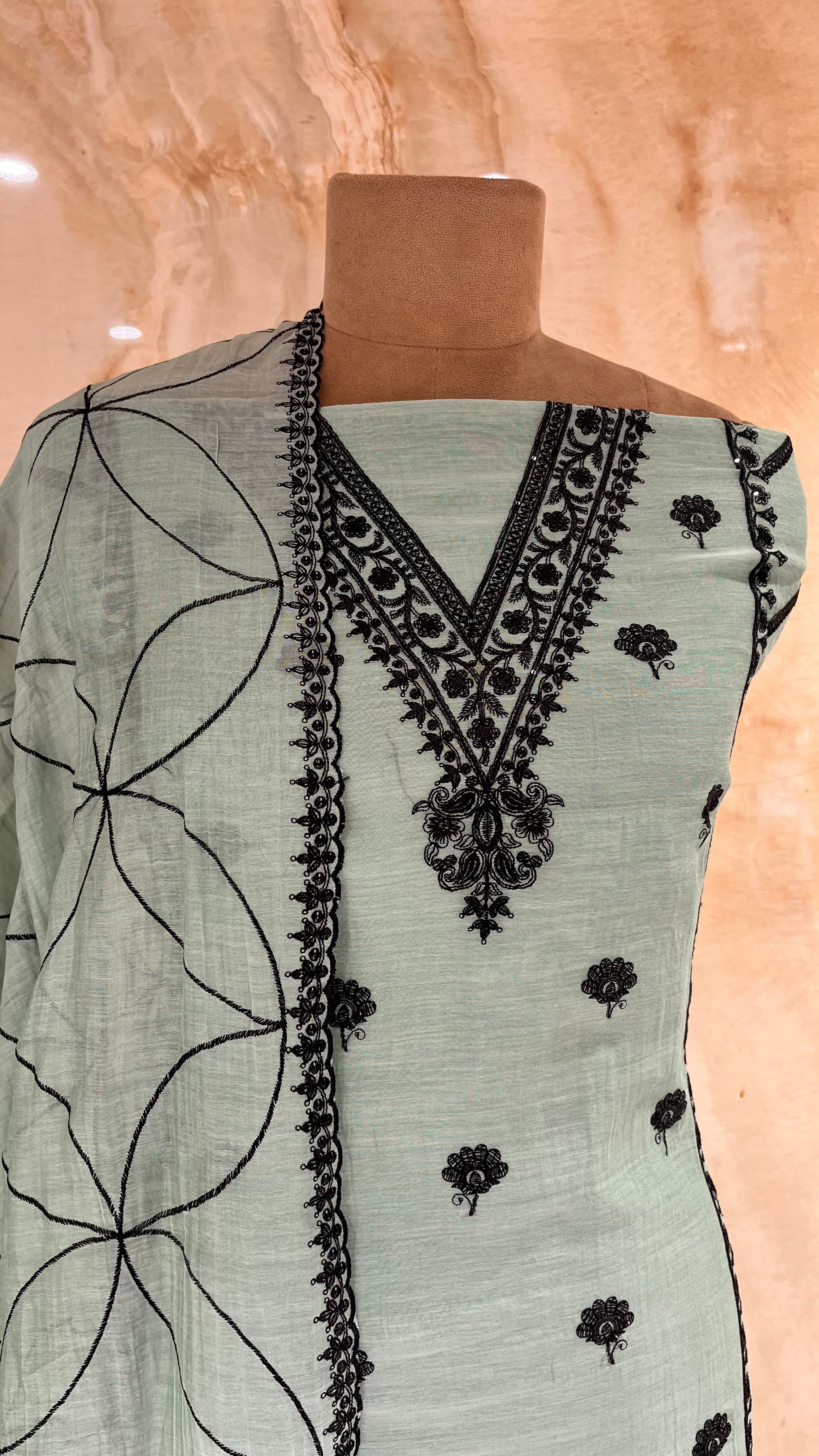 ELEGANT MINT GREEN & BLACK EMBROIDERED UNSTITCHED SUIT SET