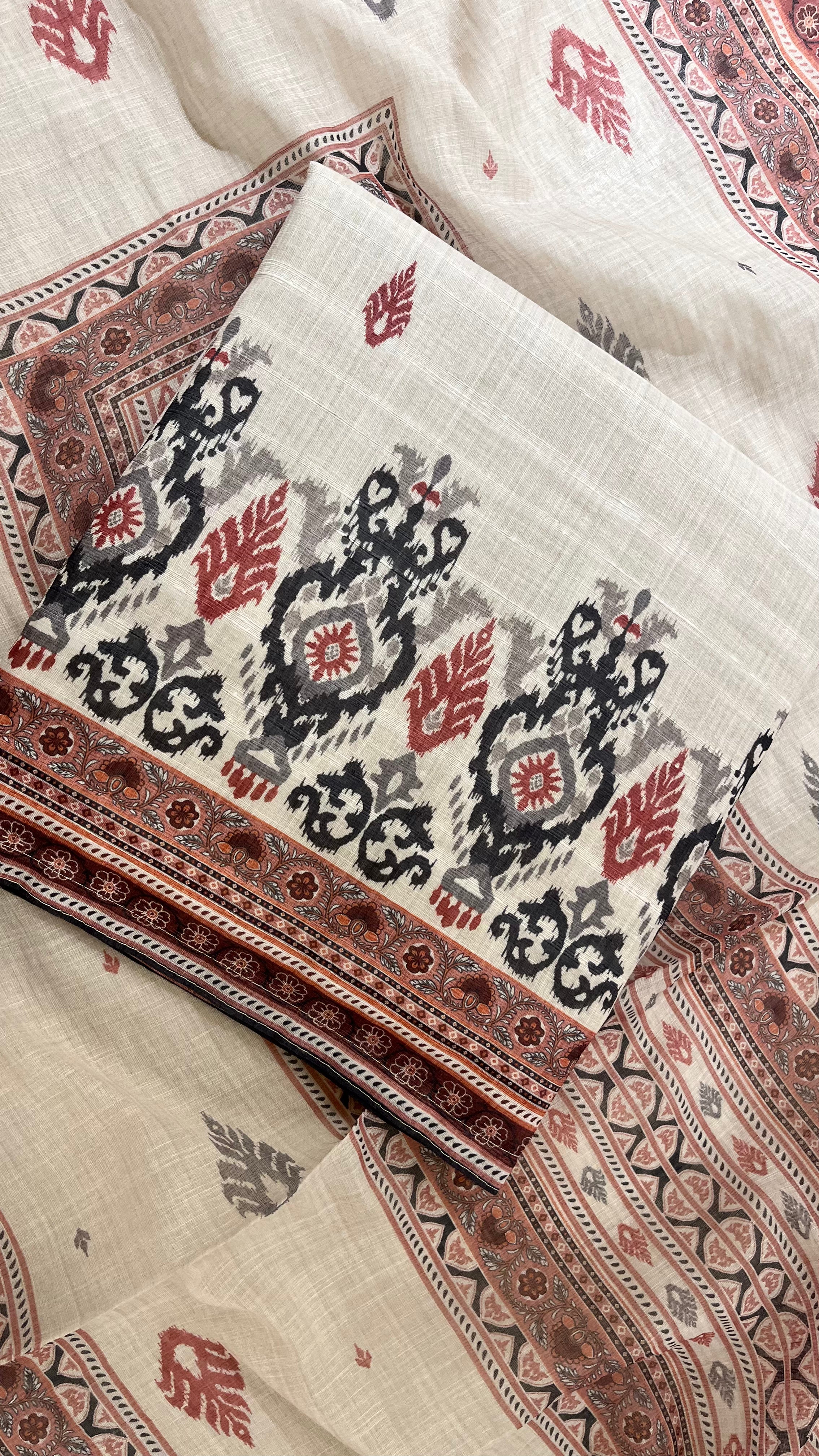 CREAM & BLACK PRINTED UNSTITCHED SUIT