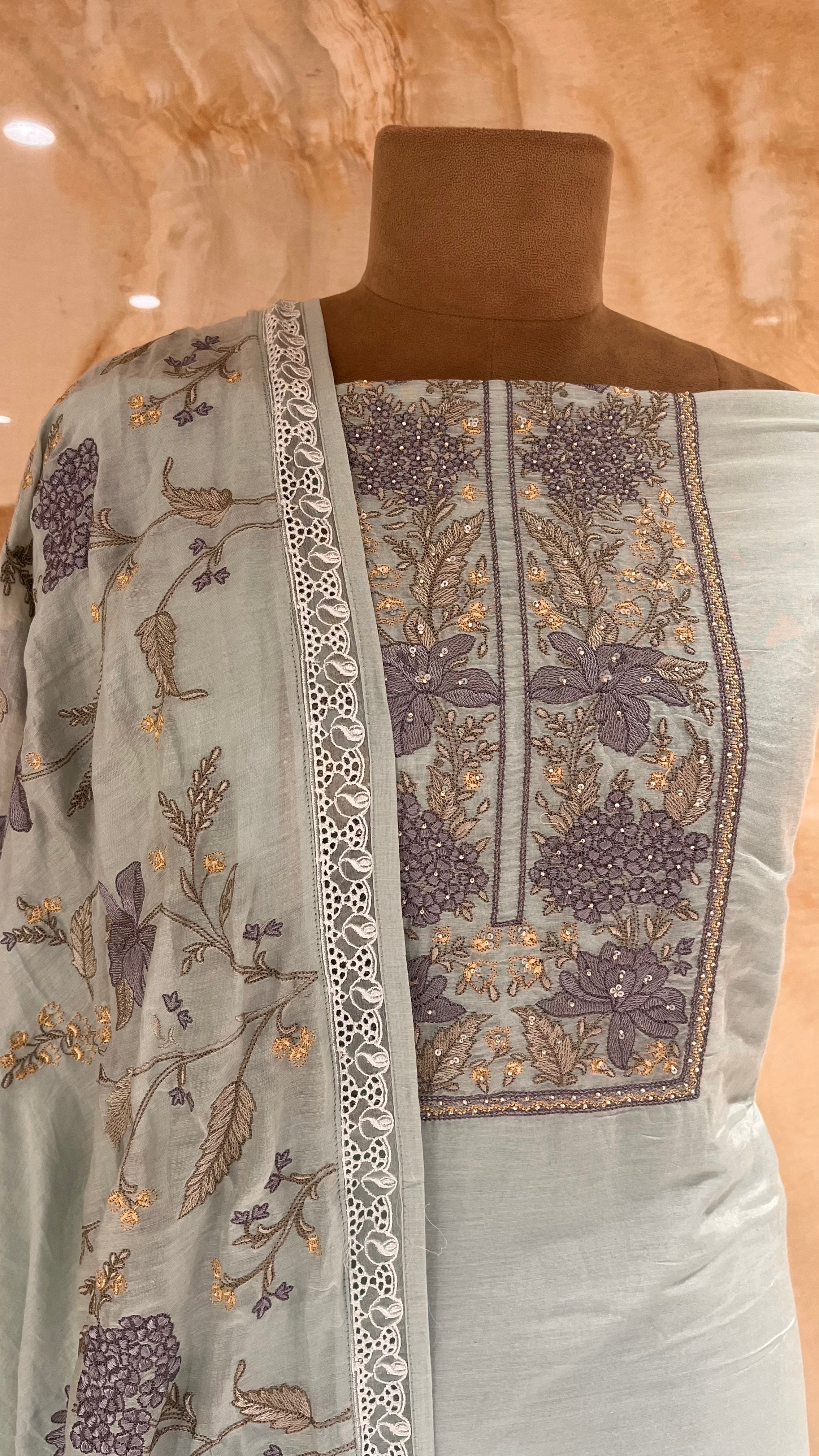 ELEGANT SAGE GREEN EMBROIDERED UNSTITCHED SUIT SET