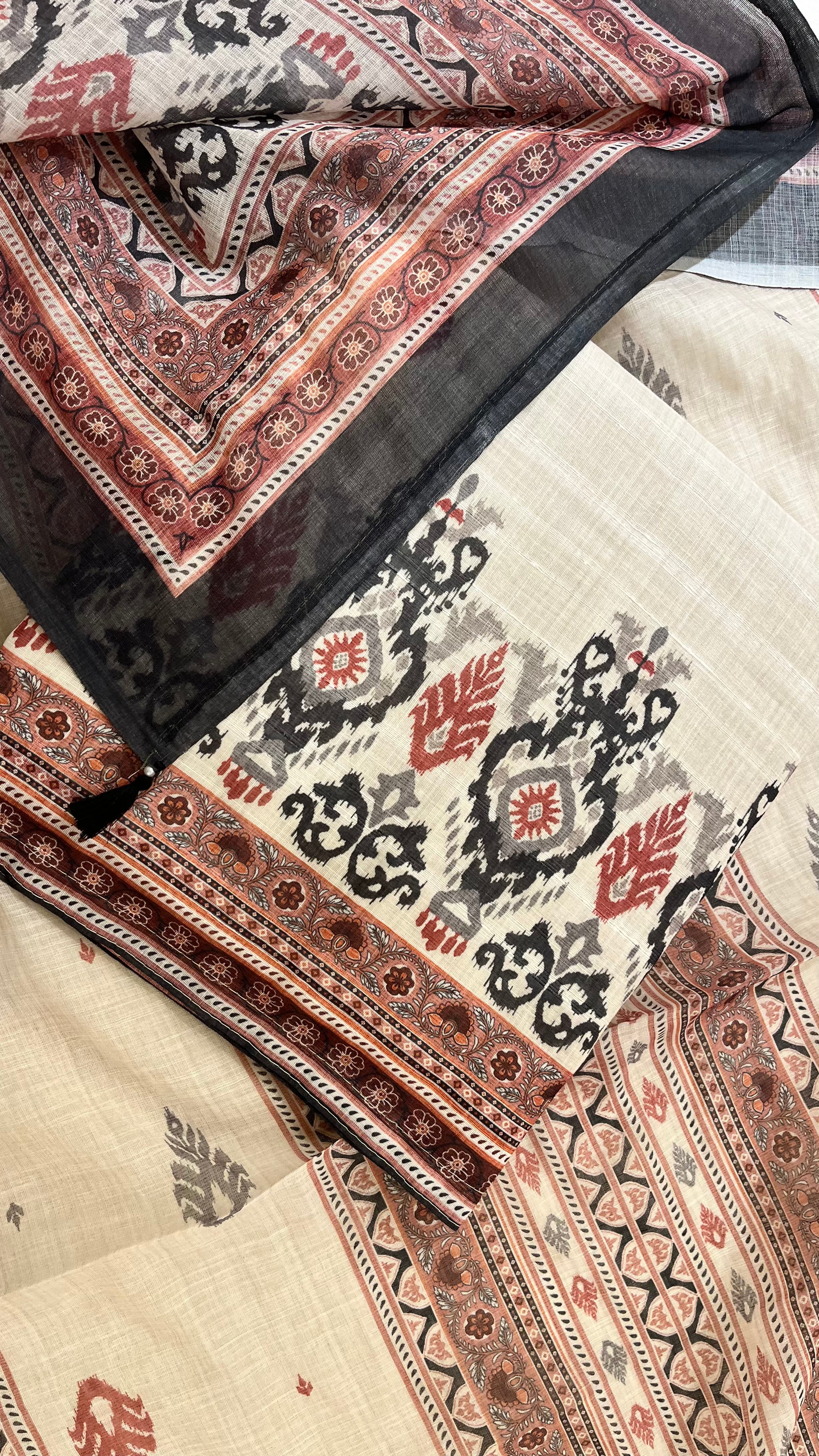 CREAM & BLACK PRINTED UNSTITCHED SUIT
