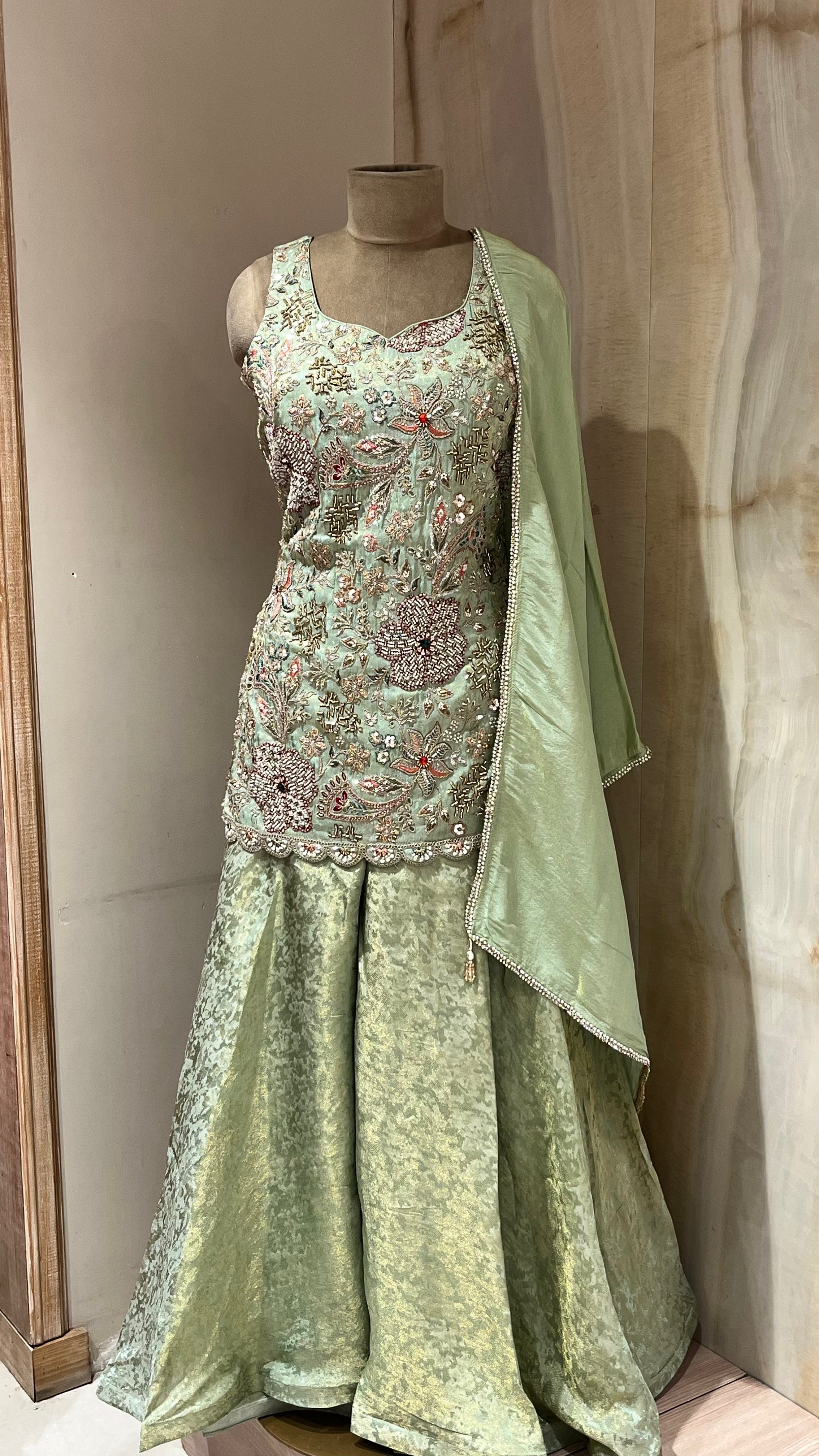 MINT GREEN EMBROIDERED LEHENGA STYLE SUIT