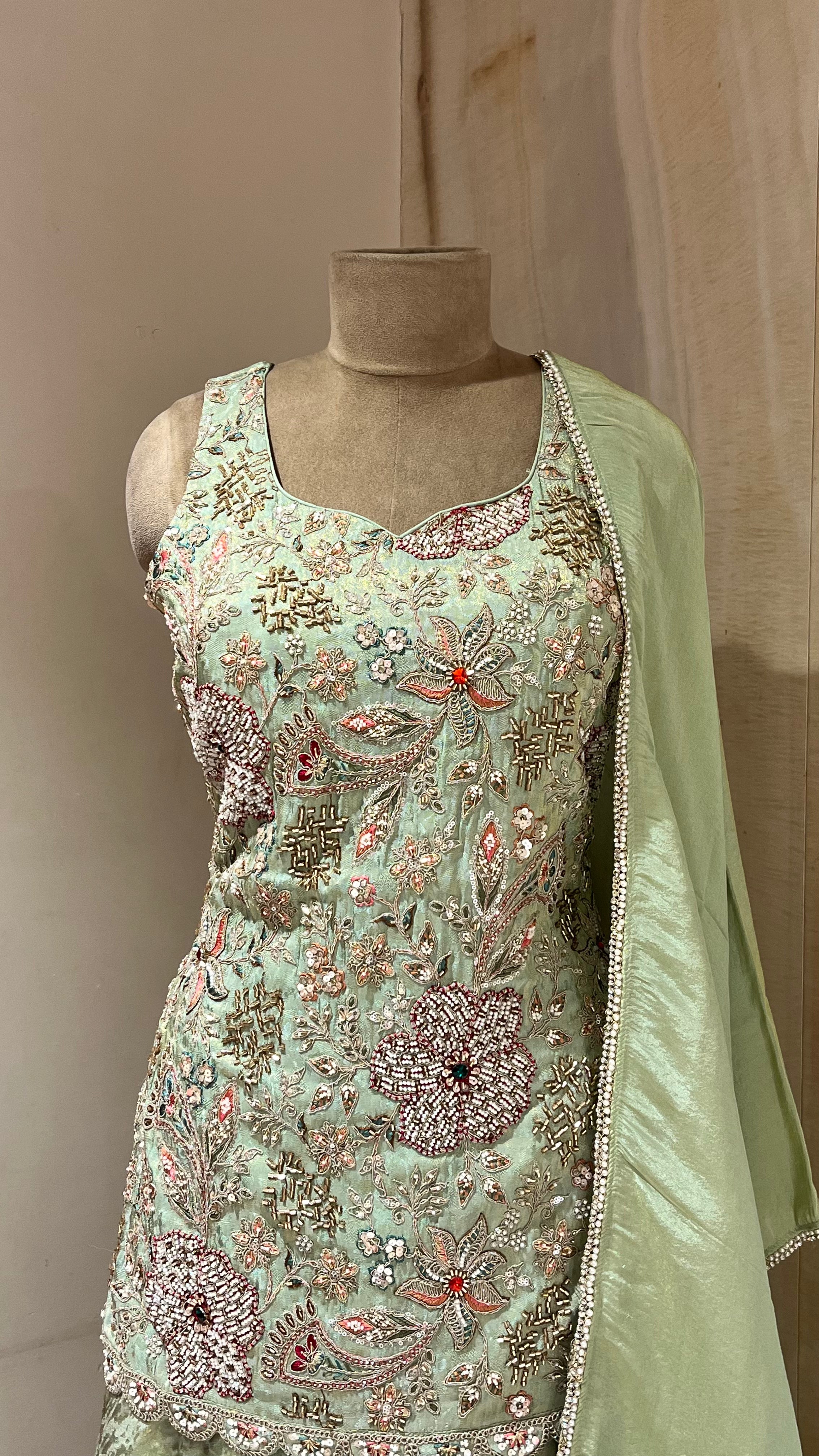 MINT GREEN EMBROIDERED LEHENGA STYLE SUIT