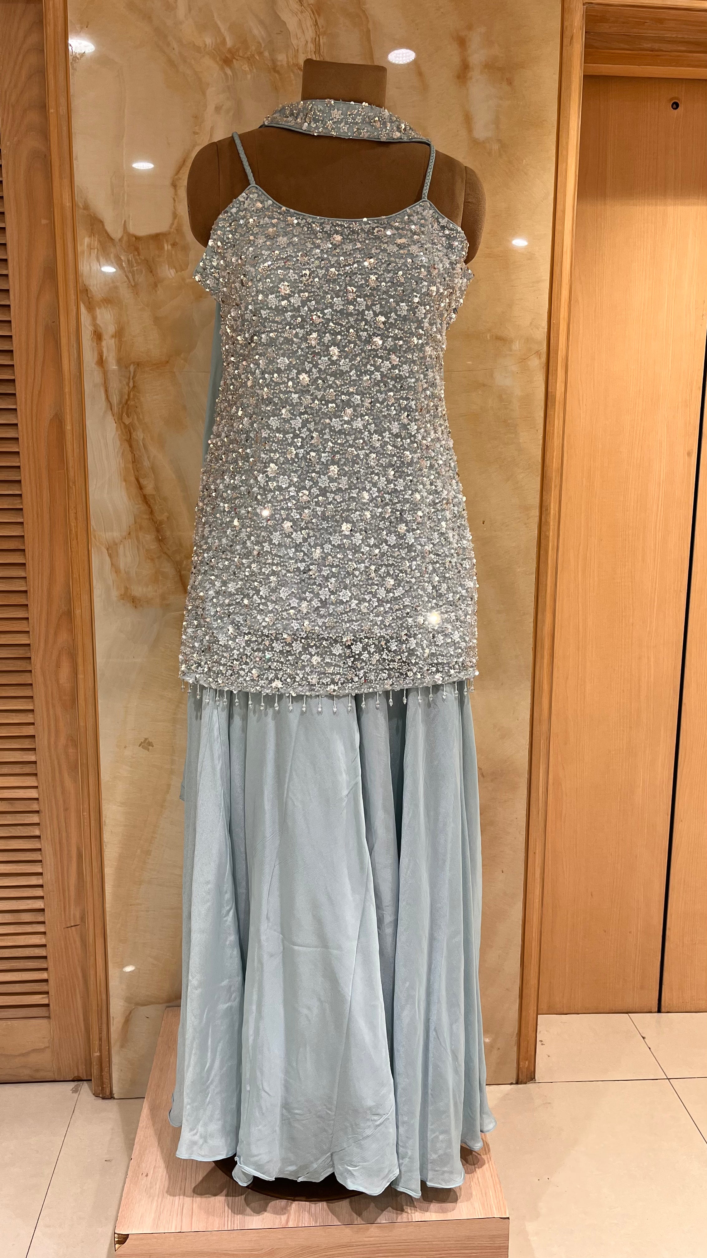 STYLISH SKY BLUE SEQUIN EMBROIDERED READYMADE SHARARA SET