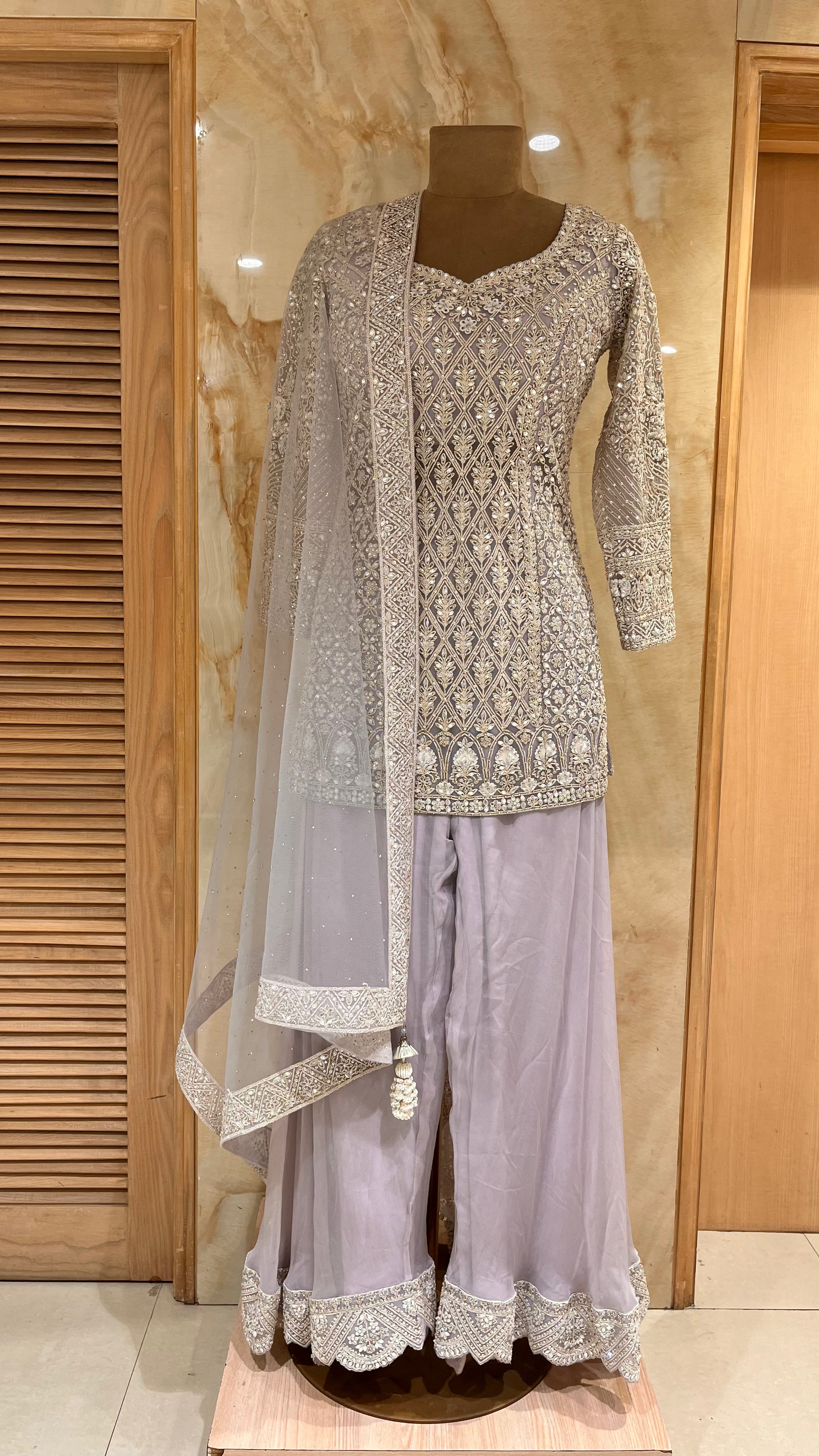 ELEGANT GREY & SILVER EMBROIDERED READYMADE SHARARA SUIT SET