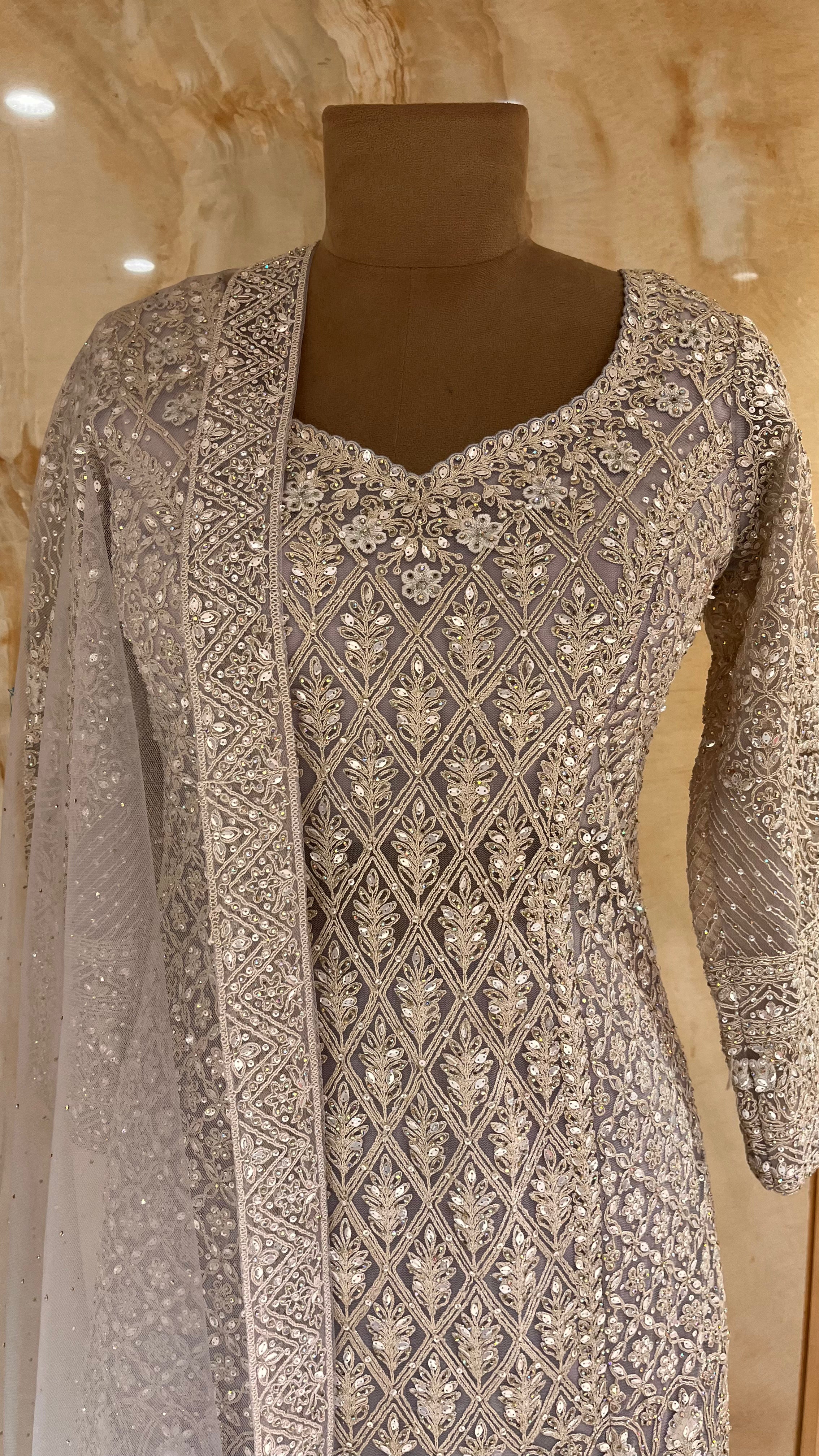 ELEGANT GREY & SILVER EMBROIDERED READYMADE SHARARA SUIT SET