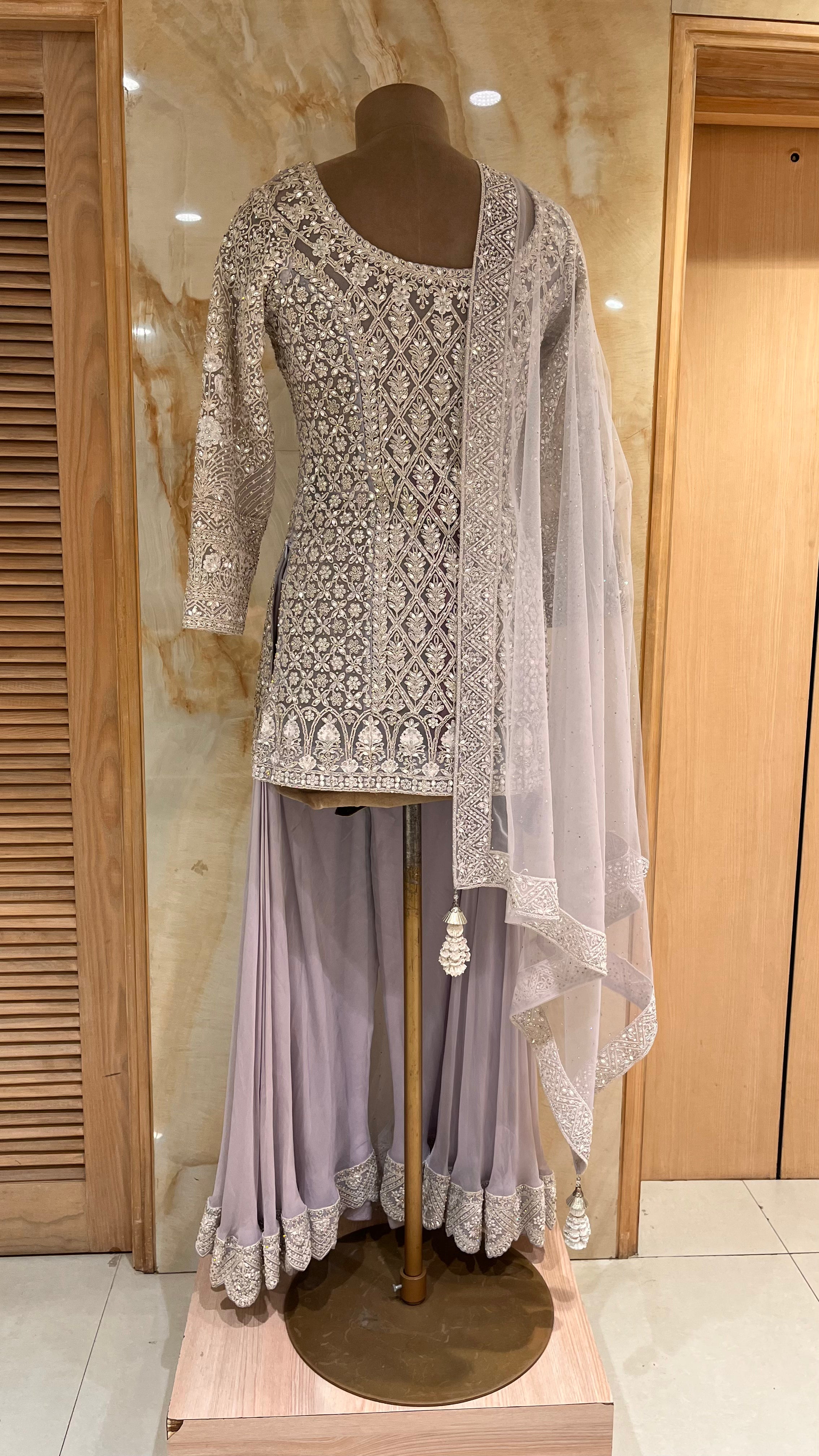 ELEGANT GREY & SILVER EMBROIDERED READYMADE SHARARA SUIT SET