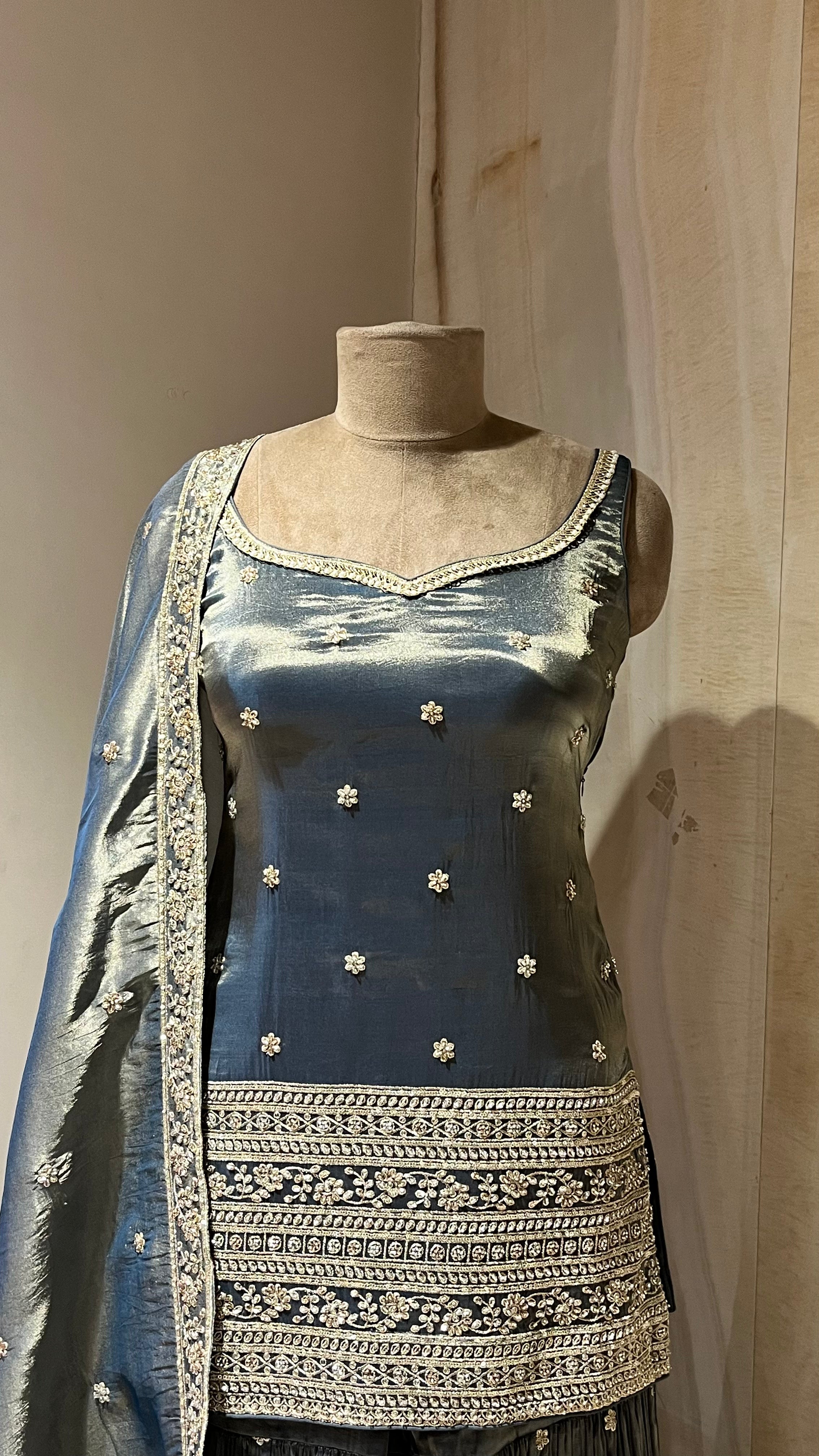 DARK GREY EMBROIDERED SHARARA SUIT