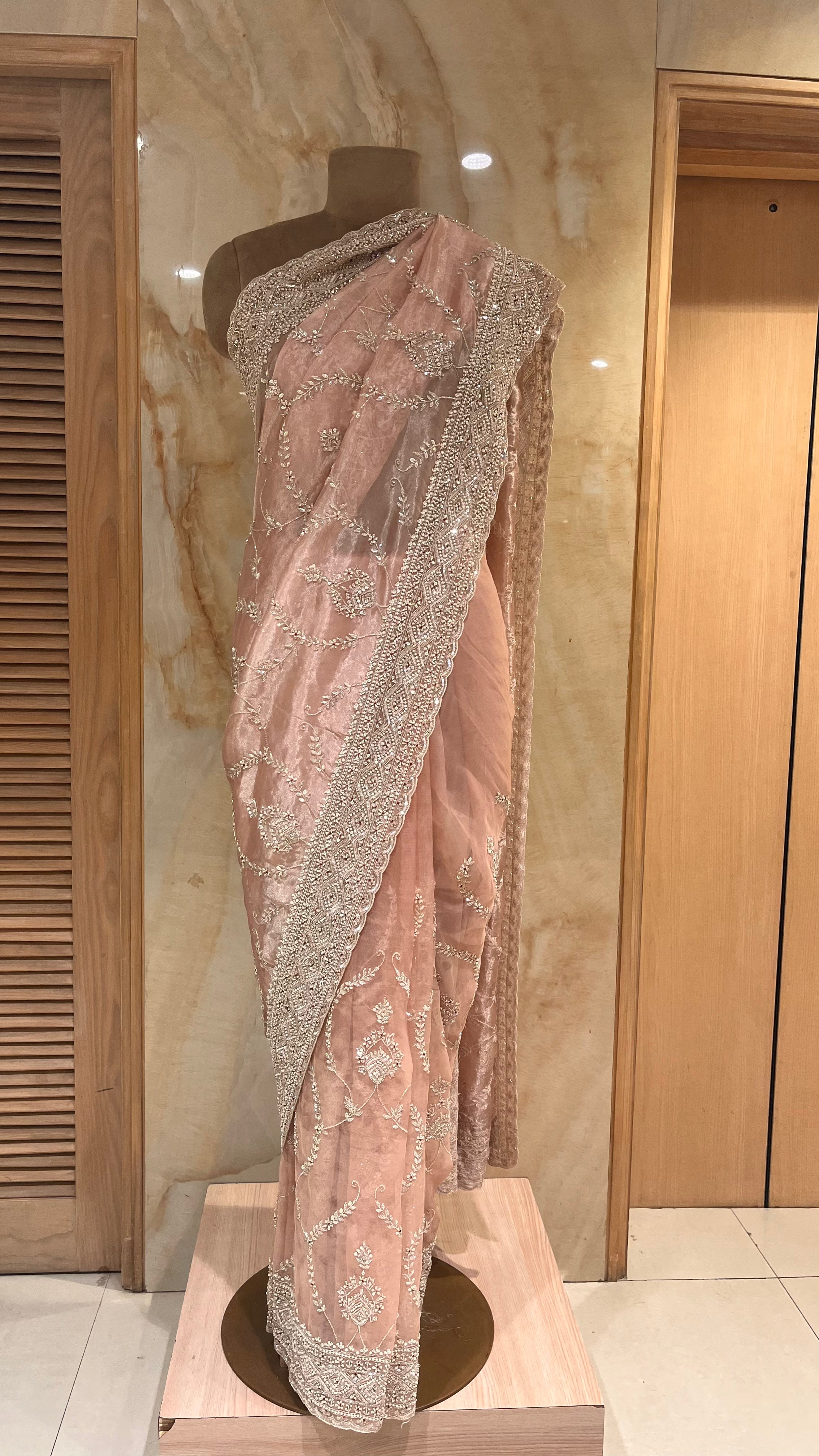 ELEGANT PEACH DESIGNER SAREE WITH HEAVY EMBROIDERED BORDER