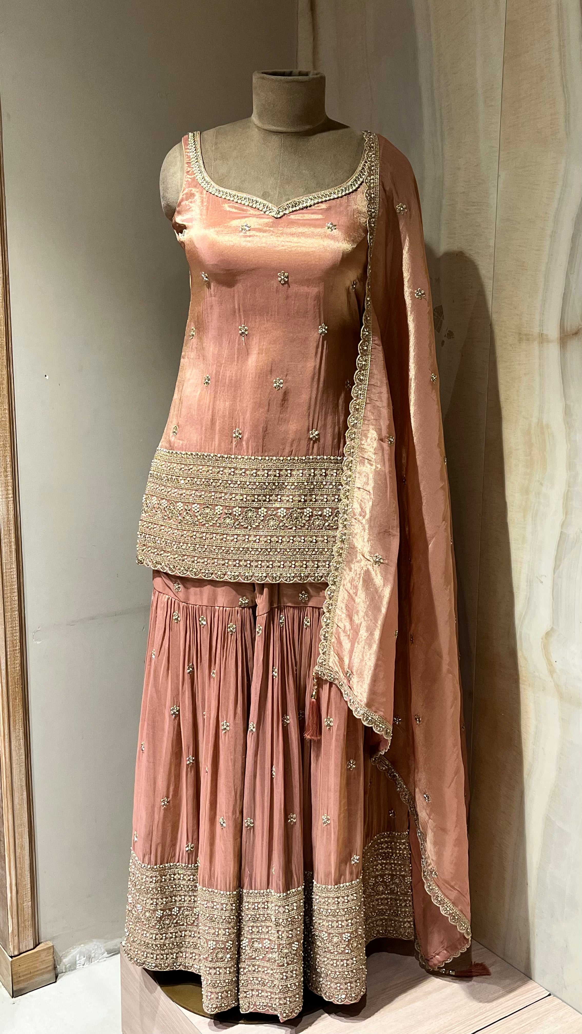 PEACH EMBROIDERED SHARARA SUIT