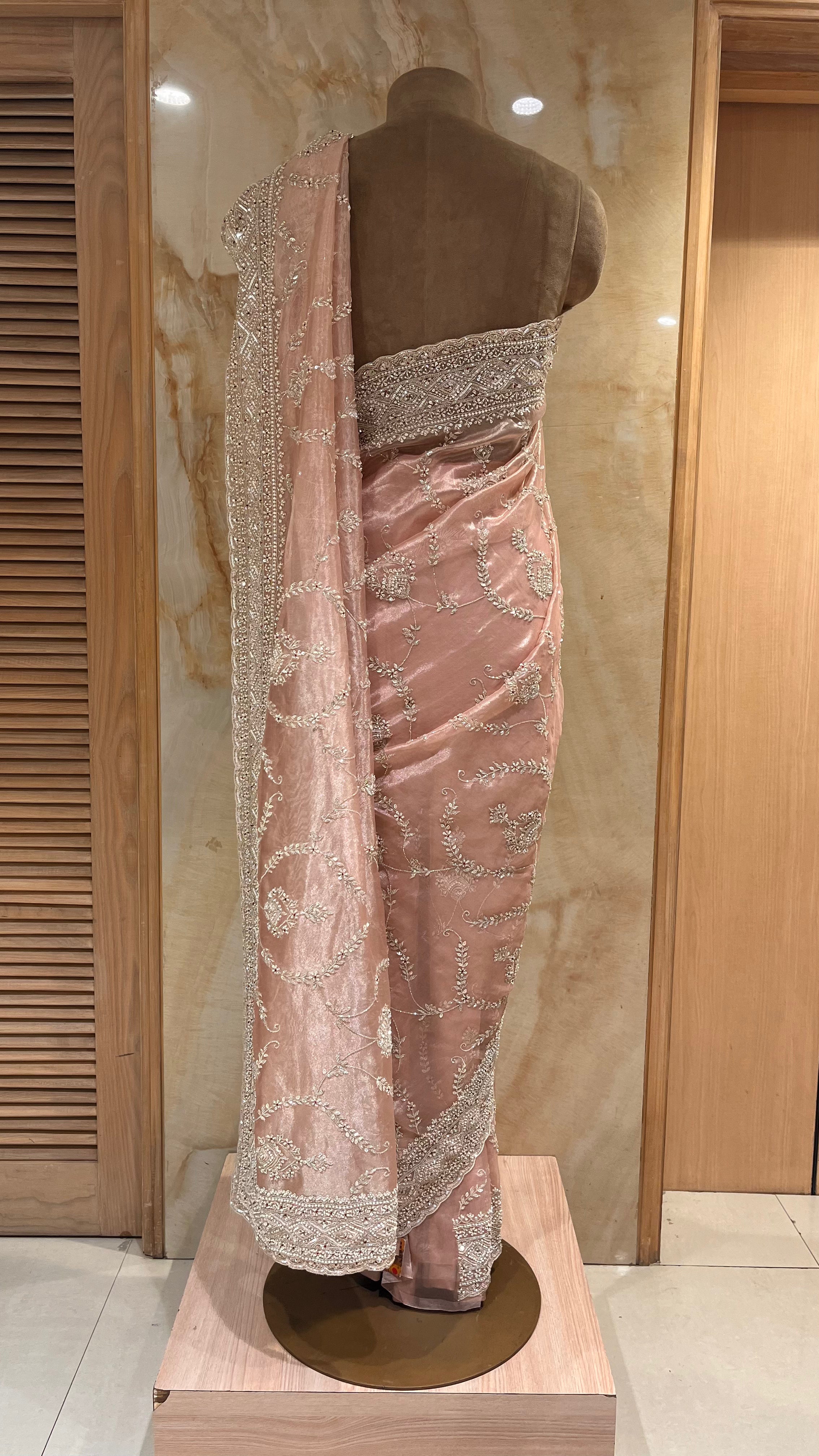 ELEGANT PEACH DESIGNER SAREE WITH HEAVY EMBROIDERED BORDER