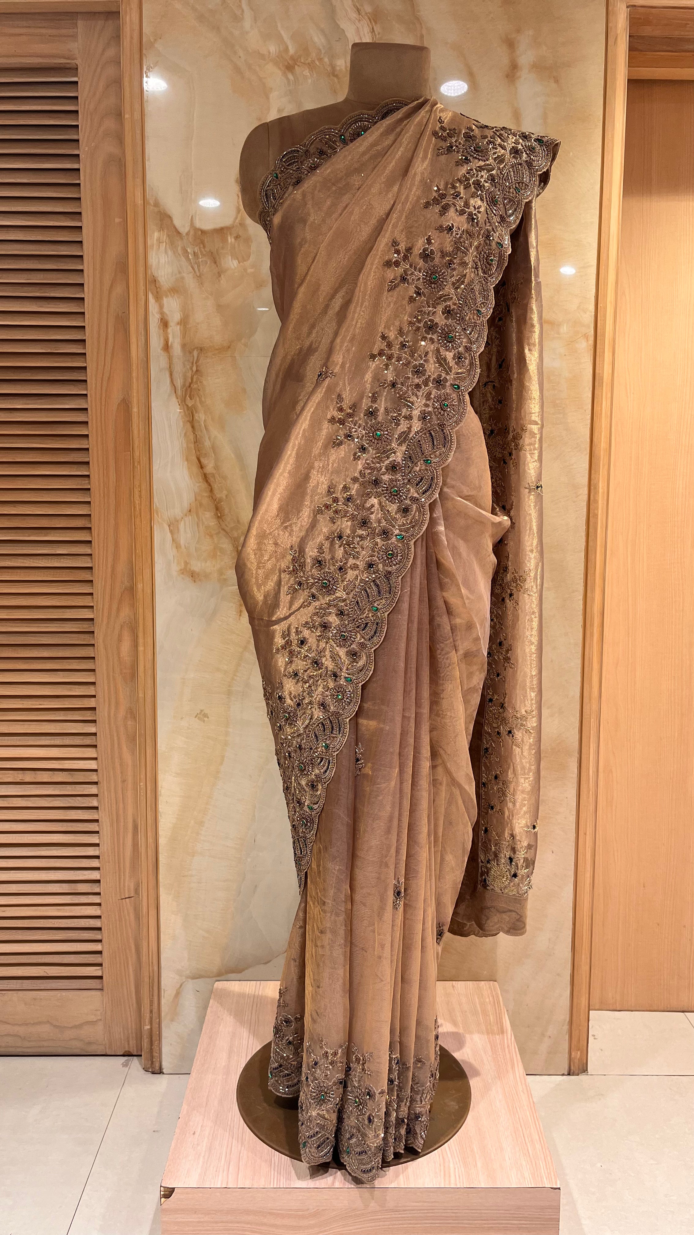 ELEGANT BEIGE DESIGNER SAREE WITH HEAVY EMBROIDERED BORDER