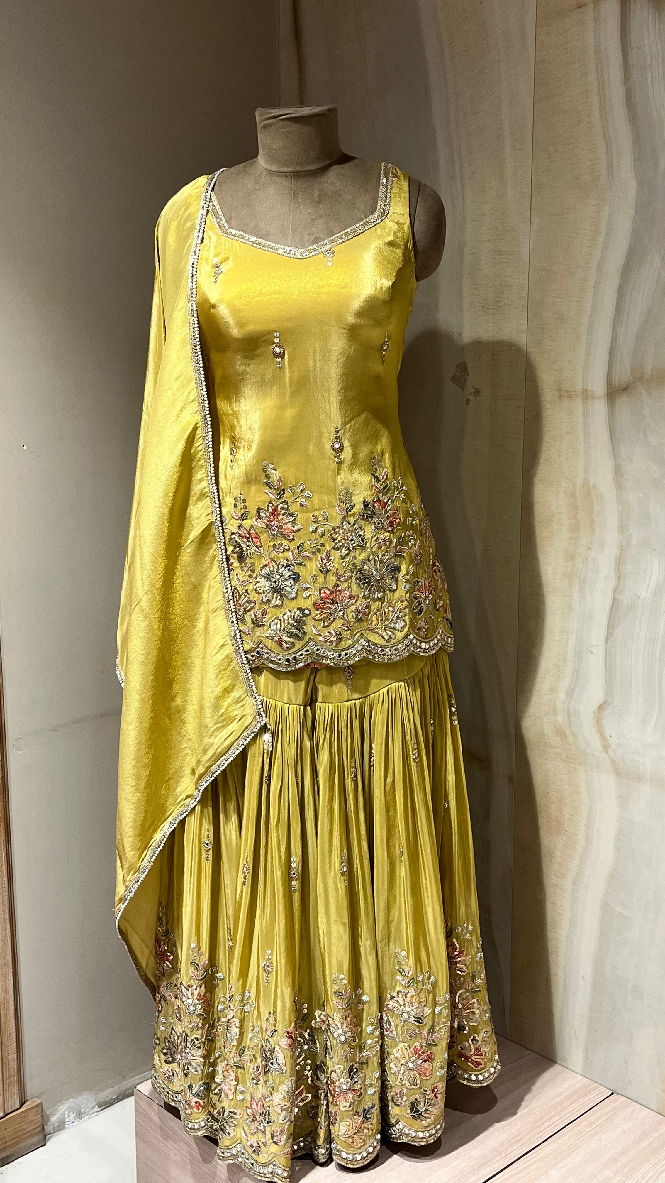 YELLOW EMBROIDERED SHARARA SUIT
