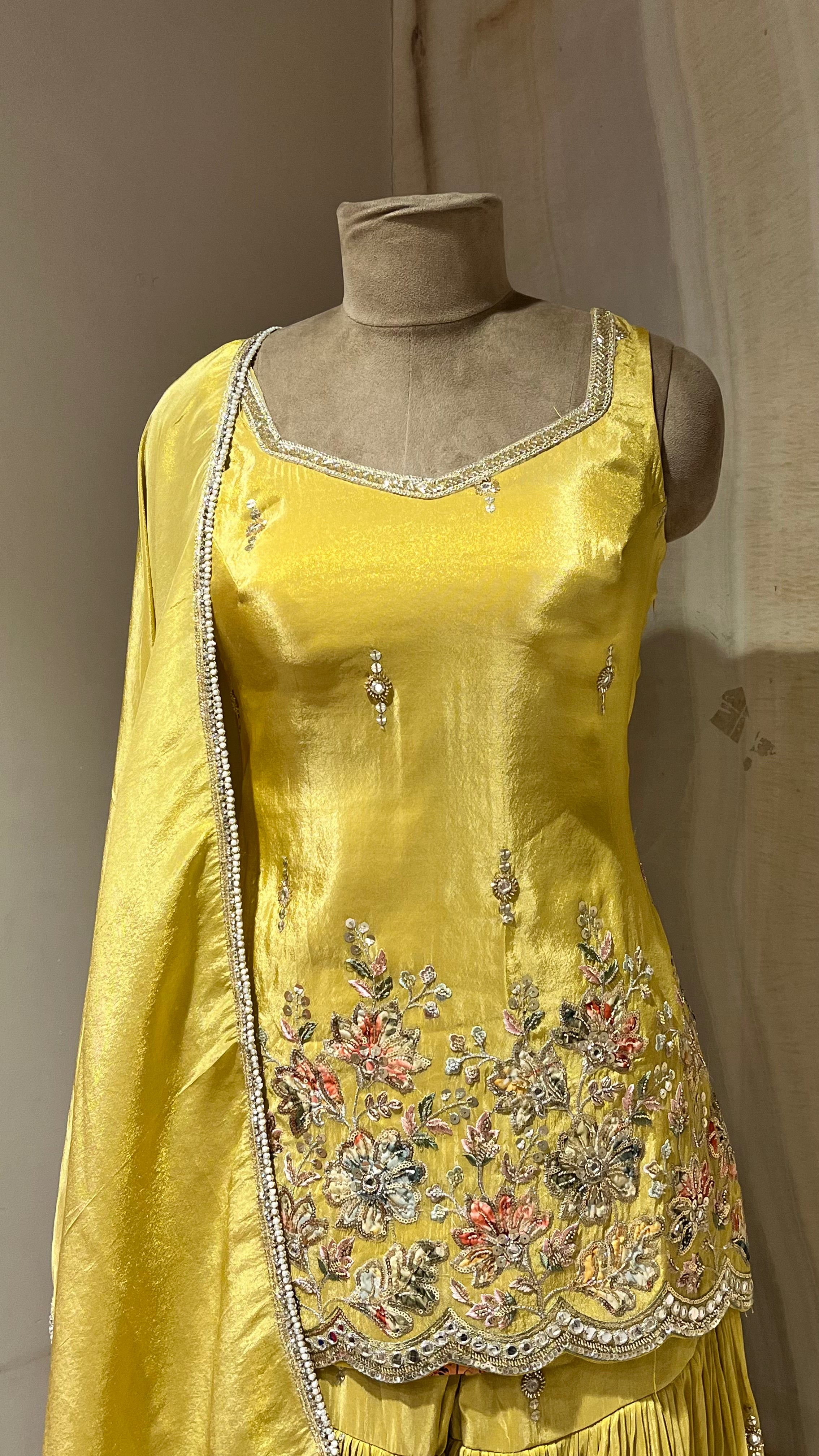 YELLOW EMBROIDERED SHARARA SUIT