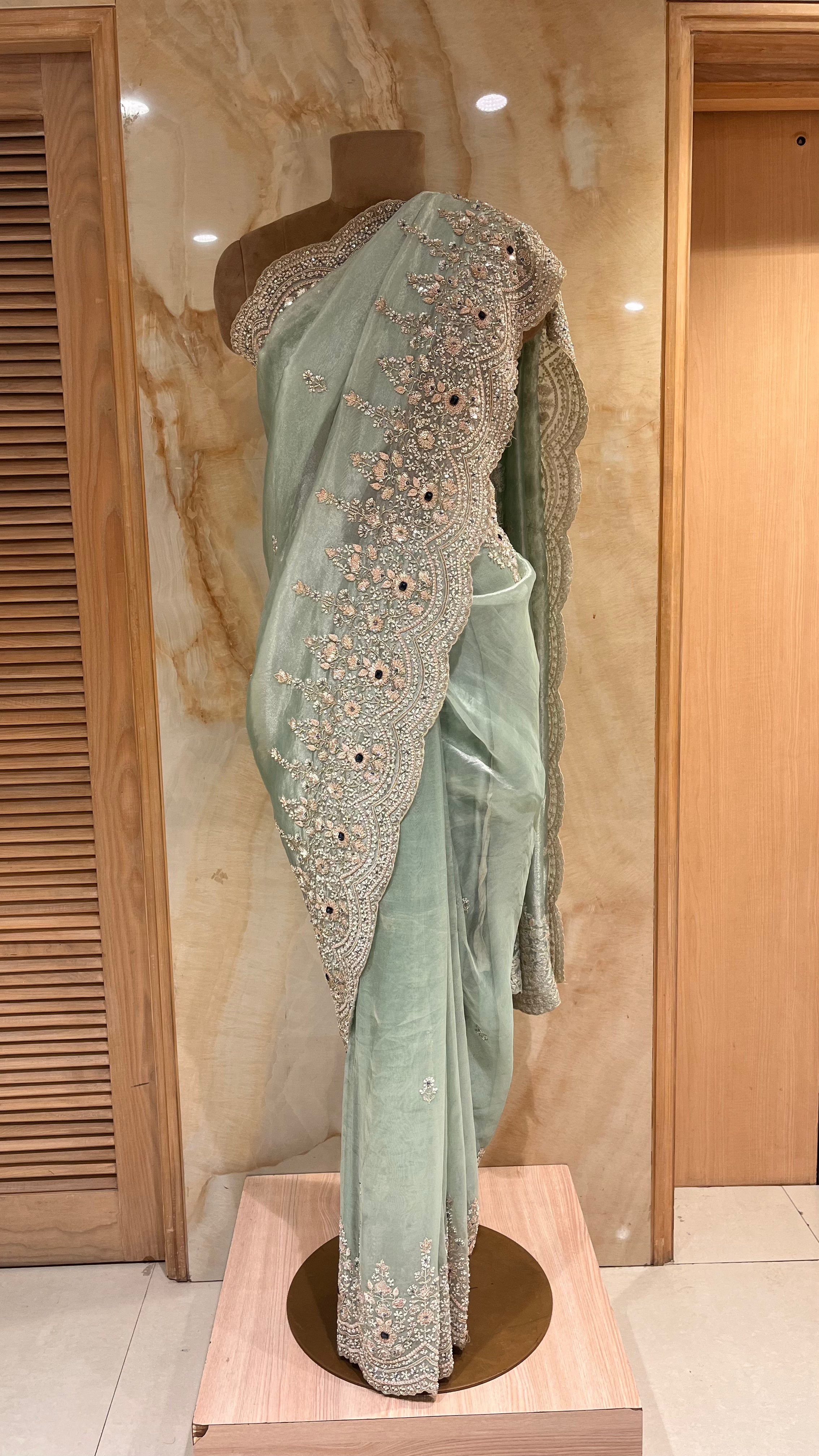 ELEGANT SEA GREEN DESIGNER SAREE WITH HEAVY EMBROIDERED BORDER