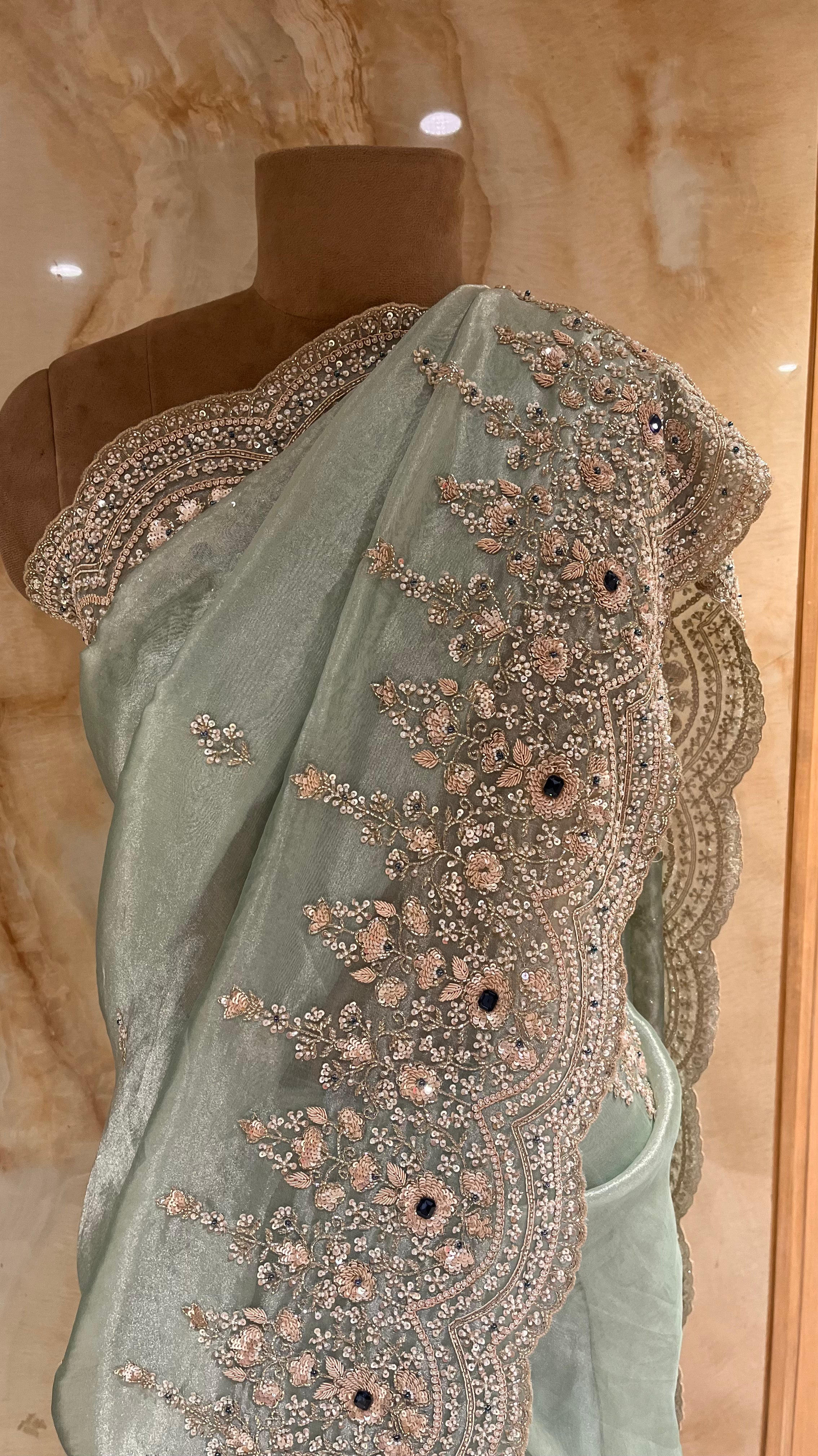 ELEGANT SEA GREEN DESIGNER SAREE WITH HEAVY EMBROIDERED BORDER
