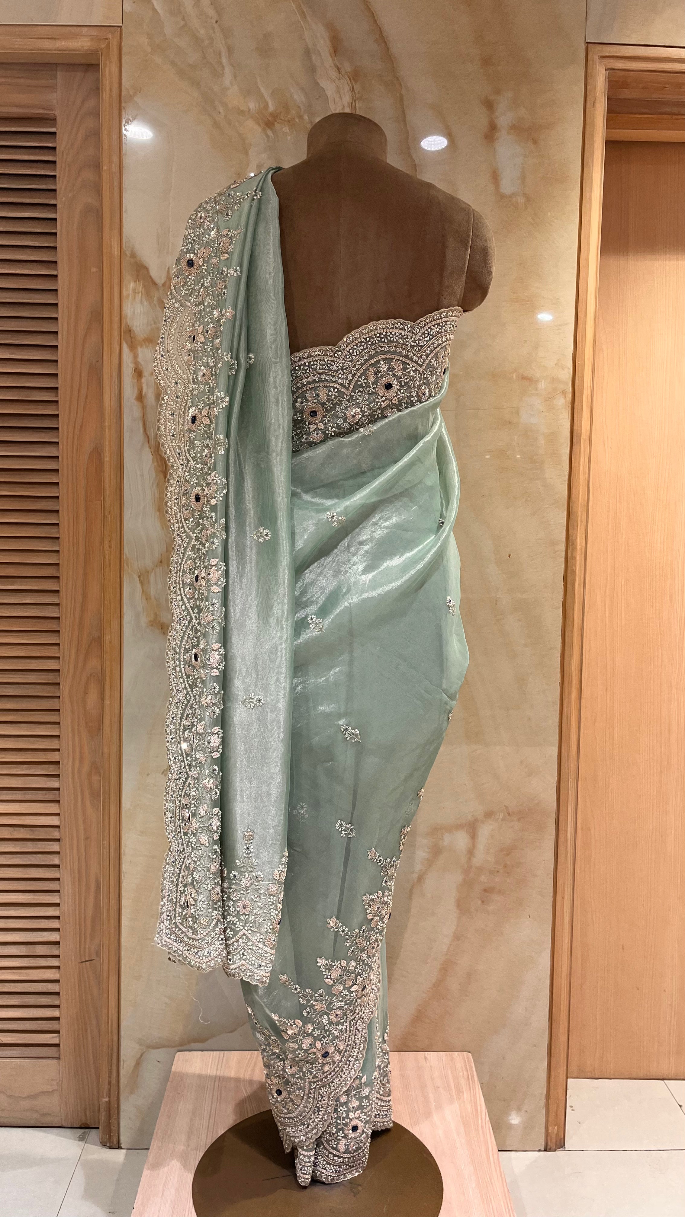 ELEGANT SEA GREEN DESIGNER SAREE WITH HEAVY EMBROIDERED BORDER