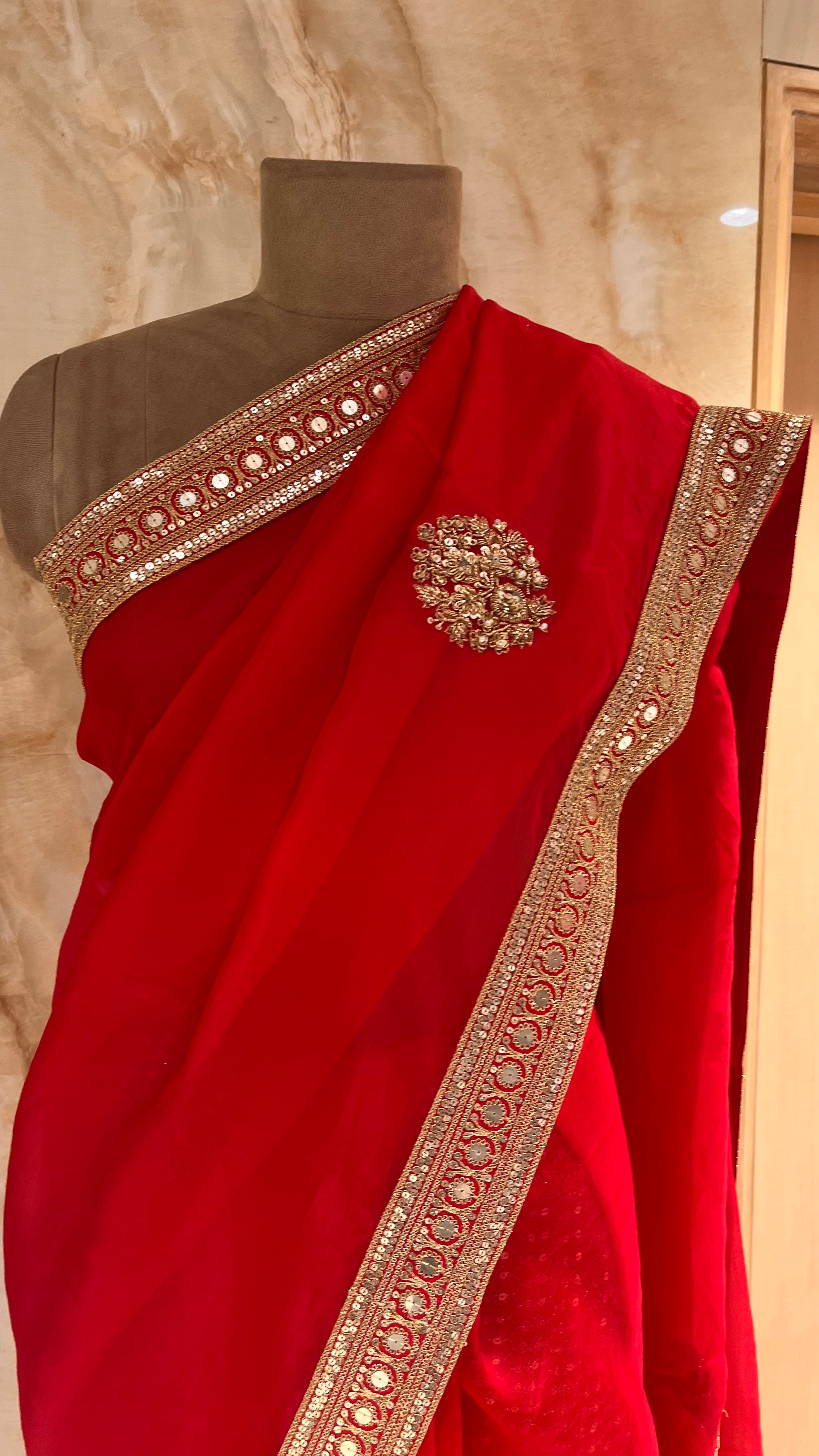 ELEGANT RED DESIGNER SAREE WITH RICH GOLDEN BORDER