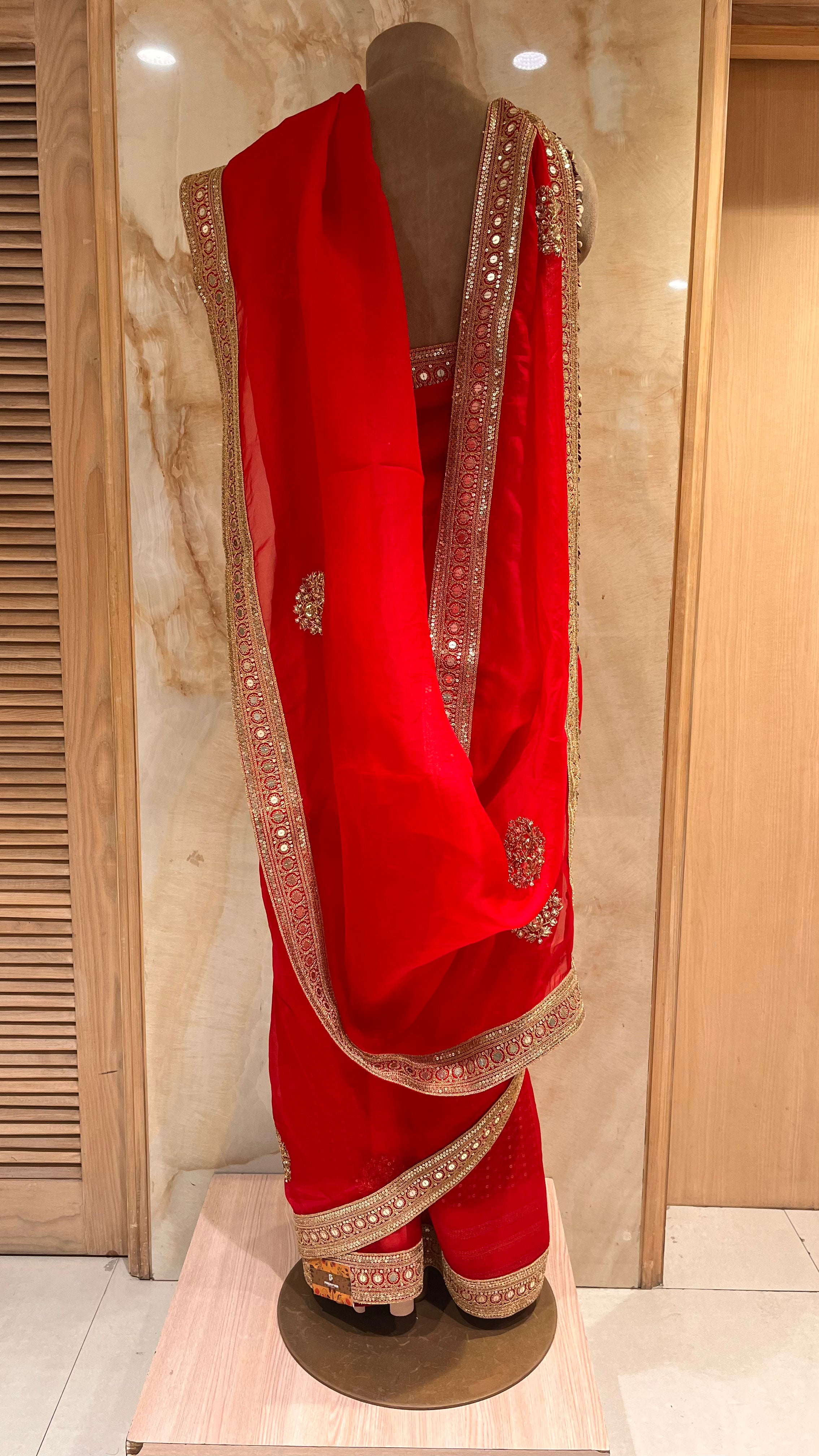 ELEGANT RED DESIGNER SAREE WITH RICH GOLDEN BORDER