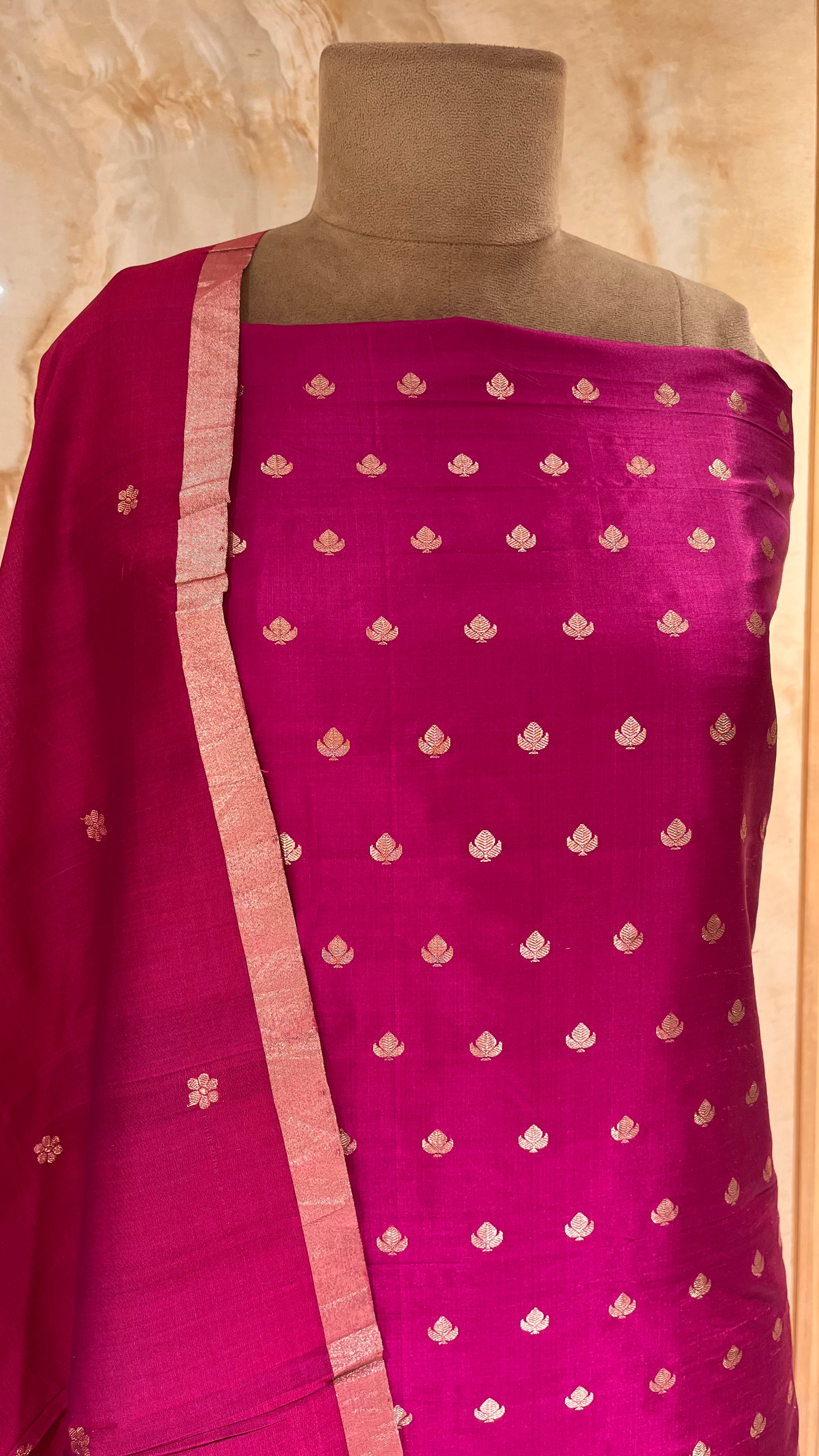 ROYAL MAGENTA PINK UNSTITCHED SUIT WITH ELEGANT ZARI WORK