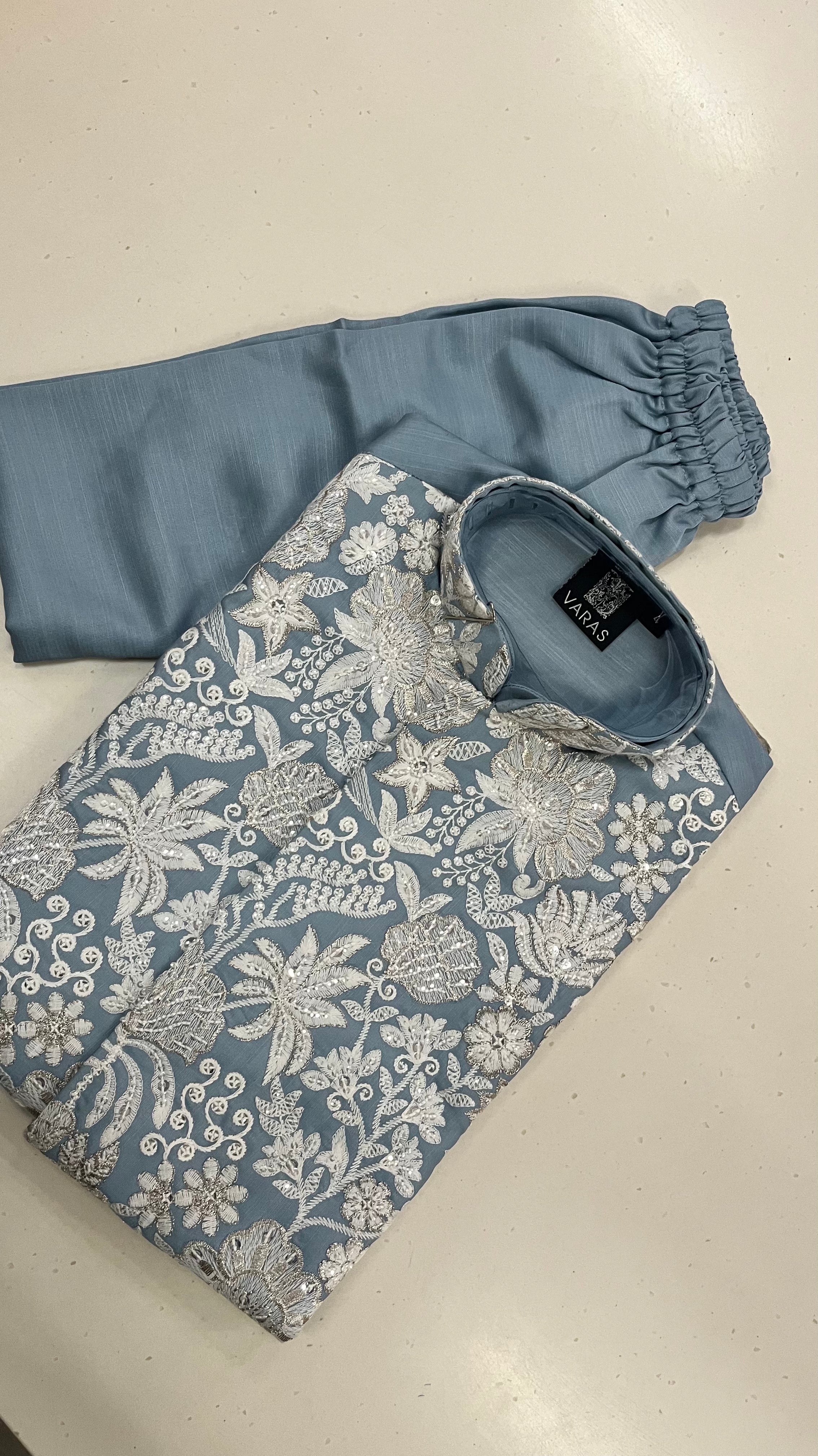 DUSTY BLUE FLORAL EMBROIDERED KIDS KURTA SET