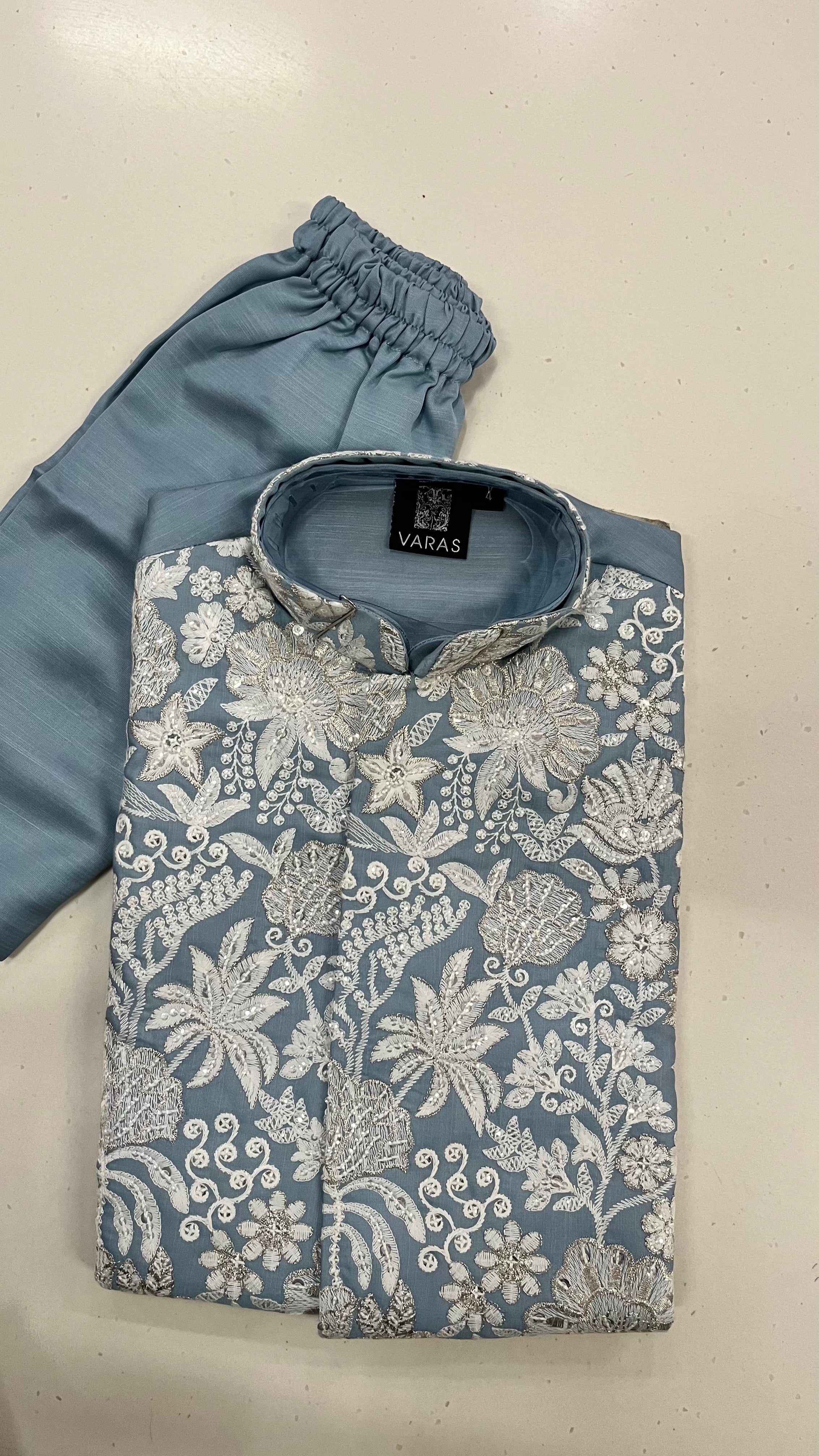 DUSTY BLUE FLORAL EMBROIDERED KIDS KURTA SET
