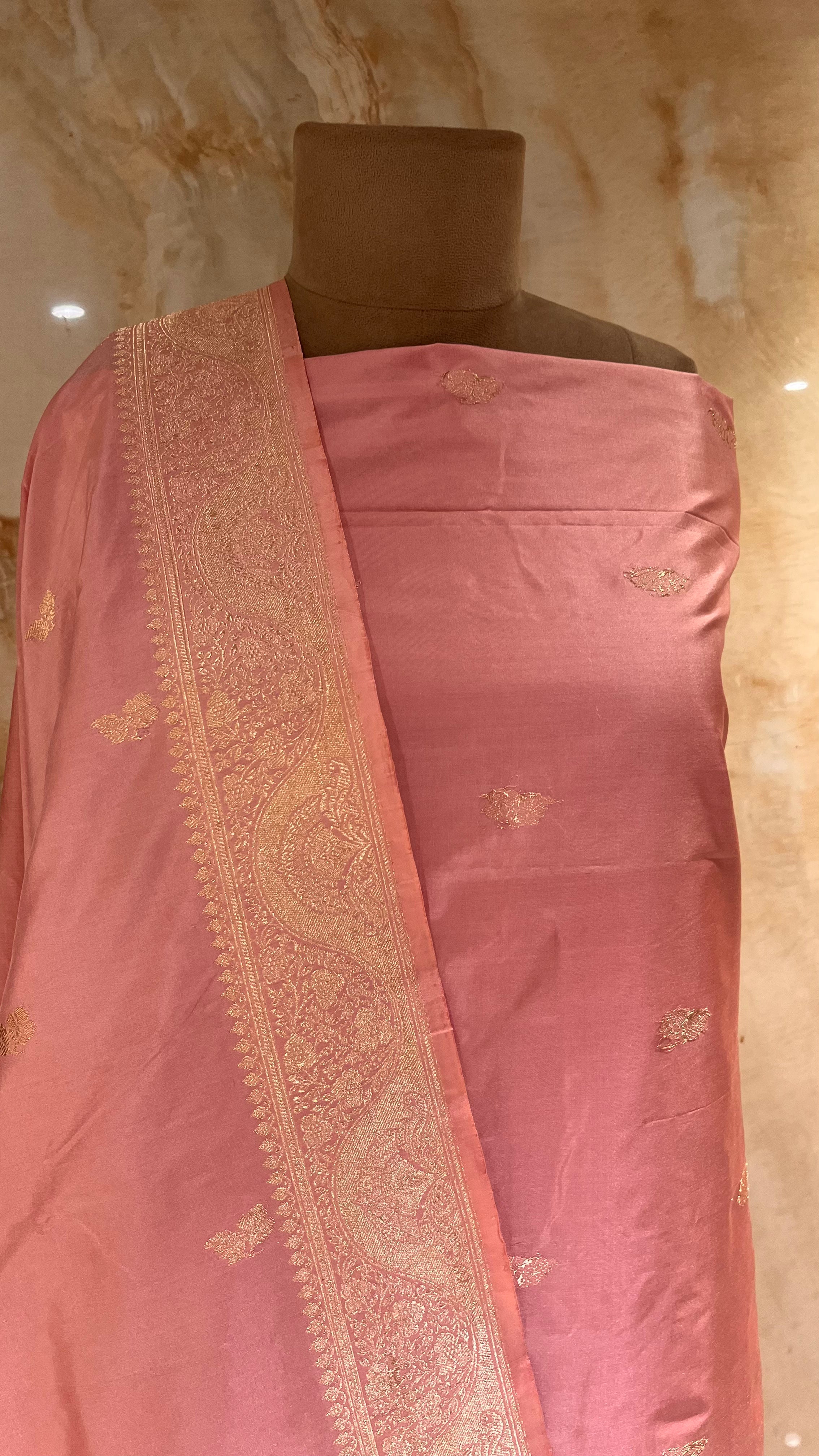 ELEGANT PEACH PINK UNSTITCHED SUIT WITH RICH ZARI BORDER