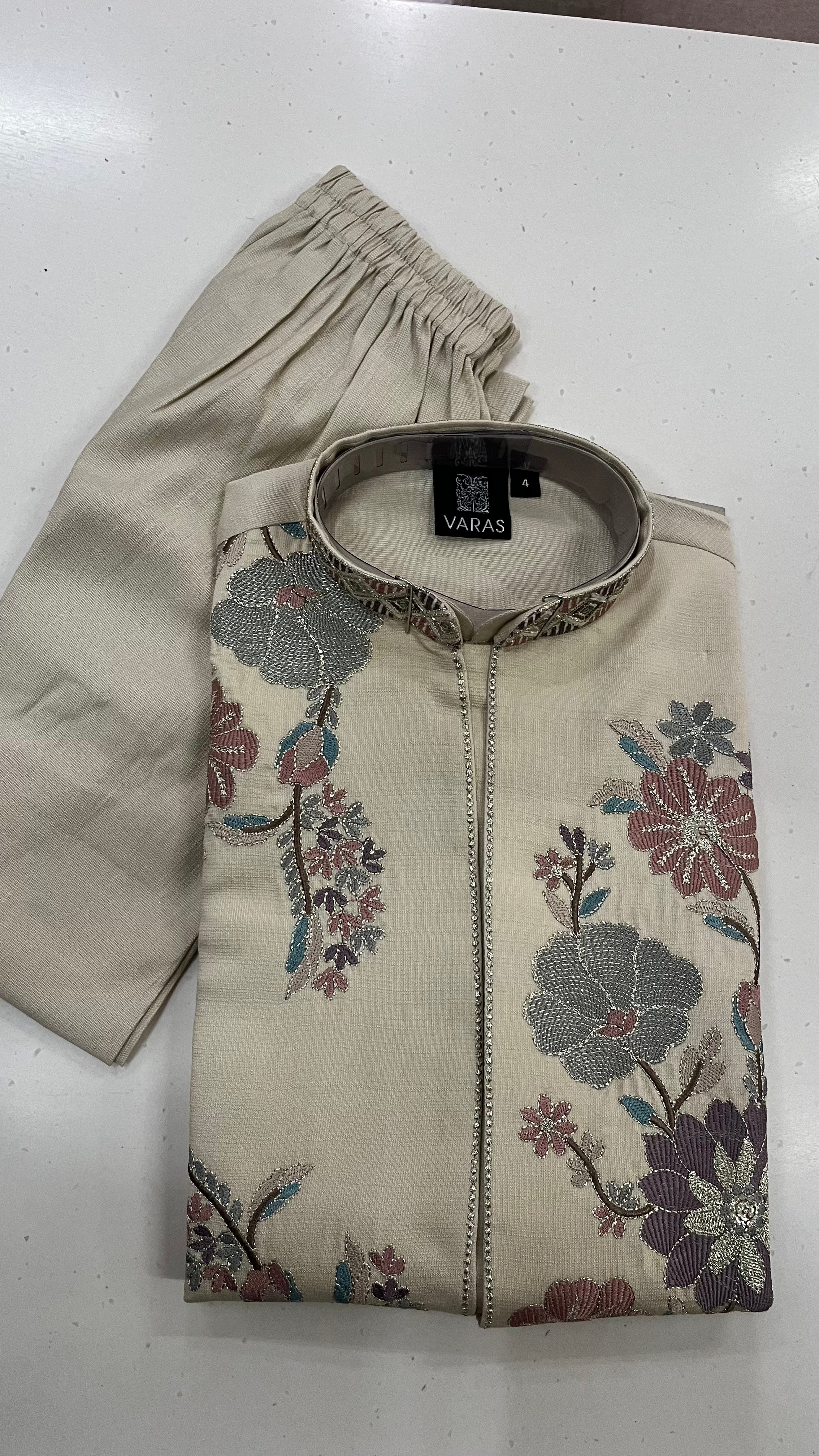 BEIGE FLORAL EMBROIDERED KIDS KURTA SET