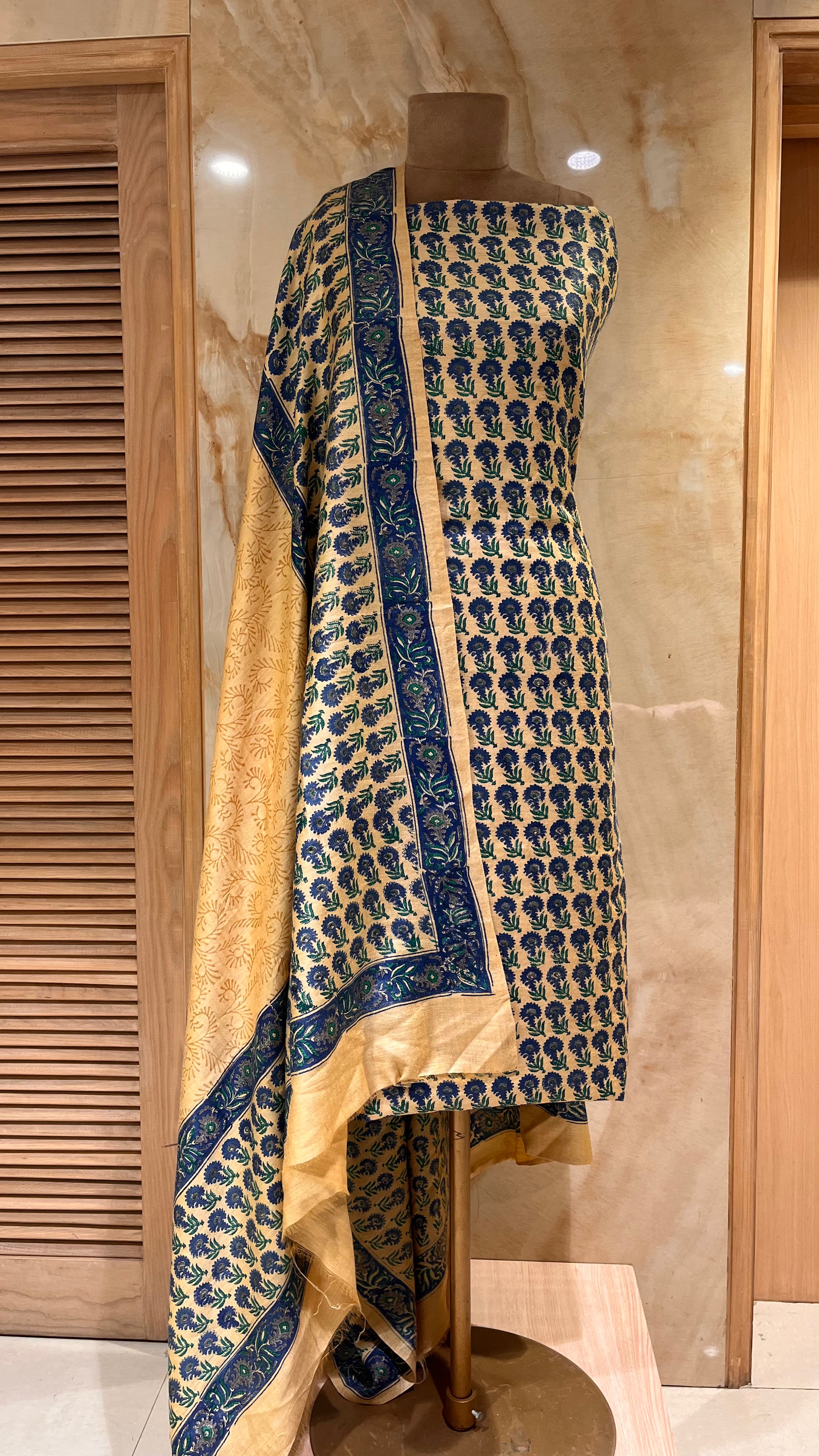 STYLISH BEIGE & NAVY BLUE PRINTED UNSTITCHED SUIT SET