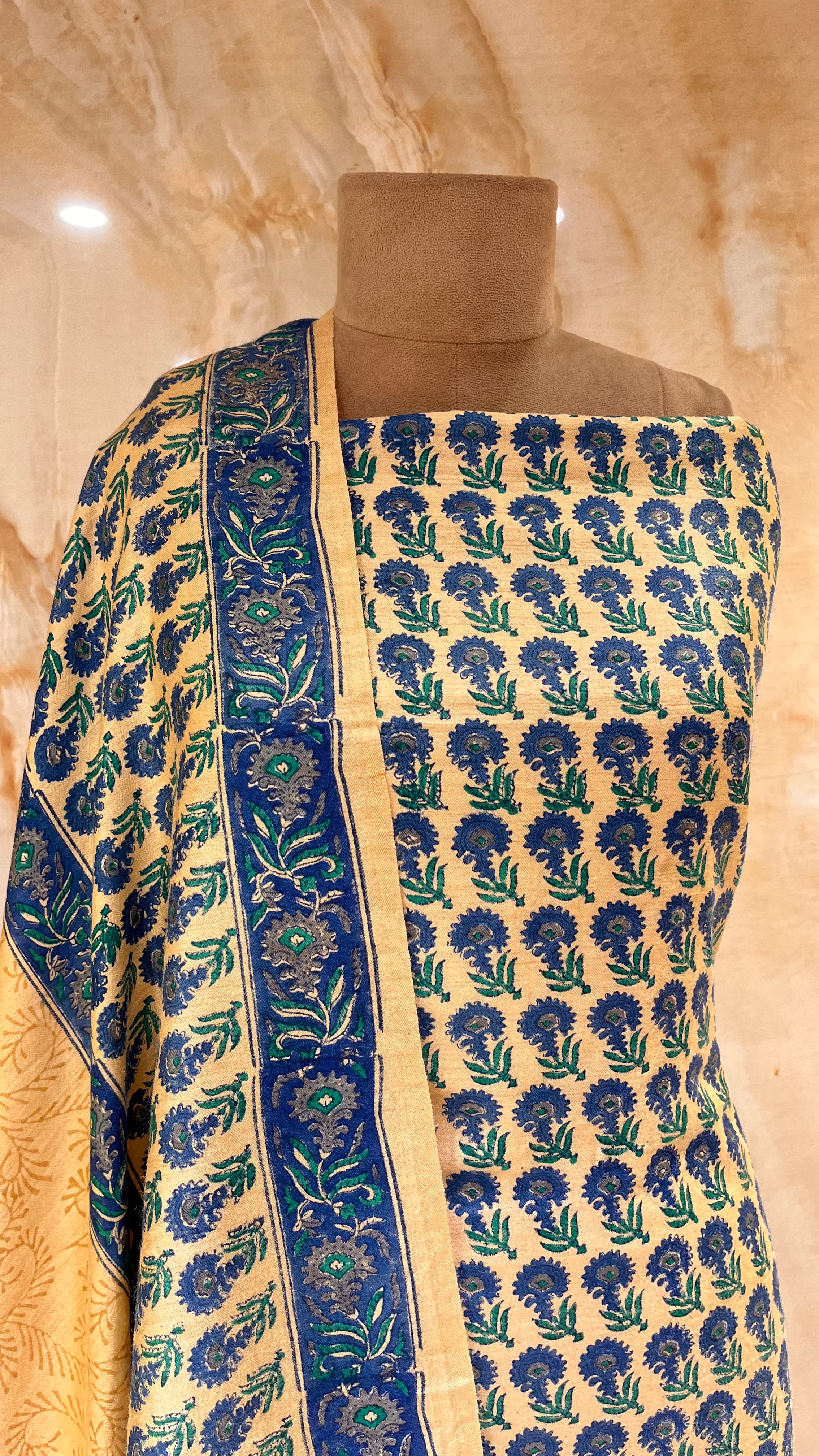 STYLISH BEIGE & NAVY BLUE PRINTED UNSTITCHED SUIT SET